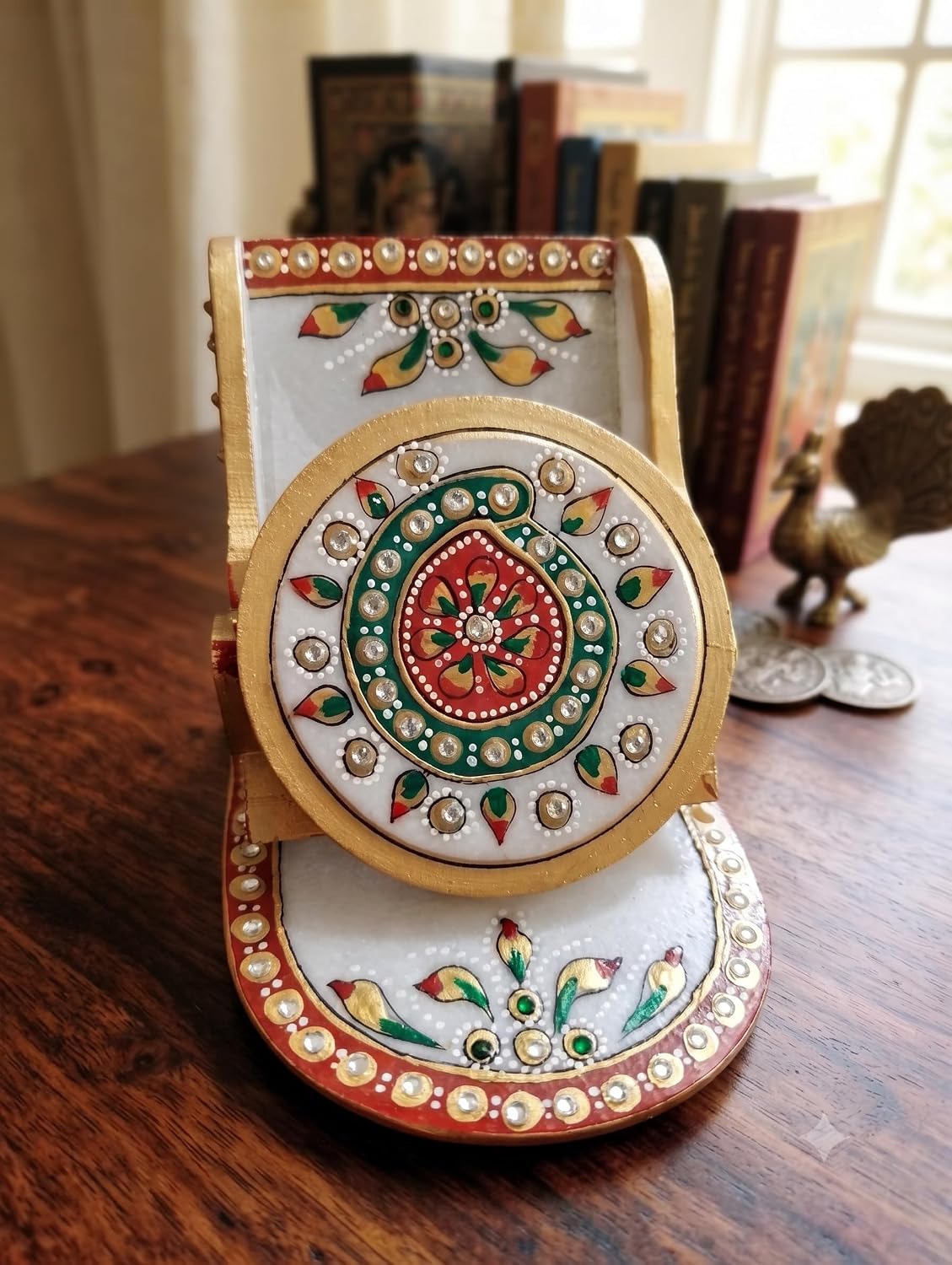 Handpainted White Marble Phone Holder – Meenakari Kundan Cell Phone Stand, Decorative Desk Accessory for iPhone, Kitchen Counter & Office, Gift