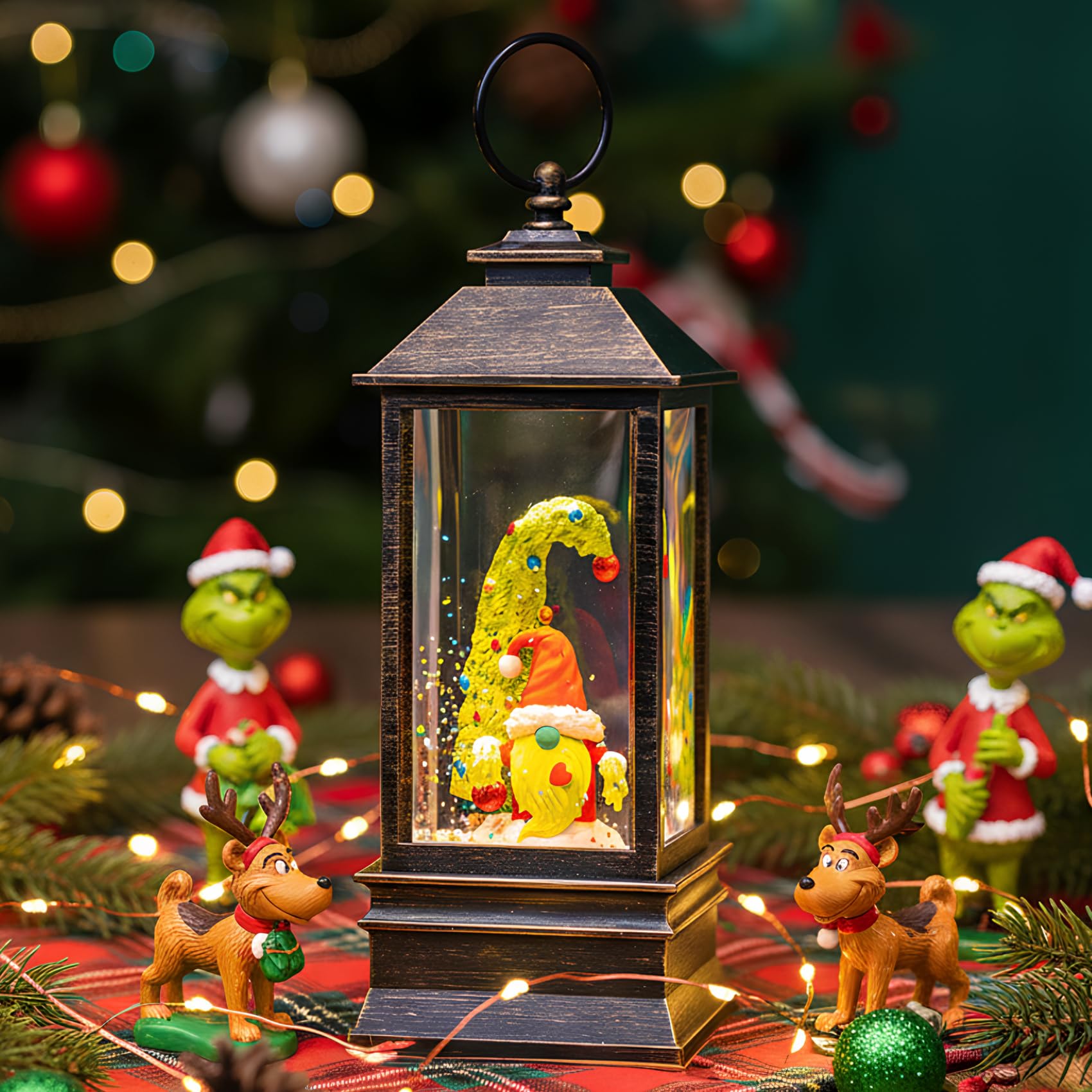 10'' Christmas Gnomes Snow Globe Lantern Lighted Santa Elf Musical Water Lantern Swirling Glittering Home Decoration and Gift, Battery Operated or USB Powered