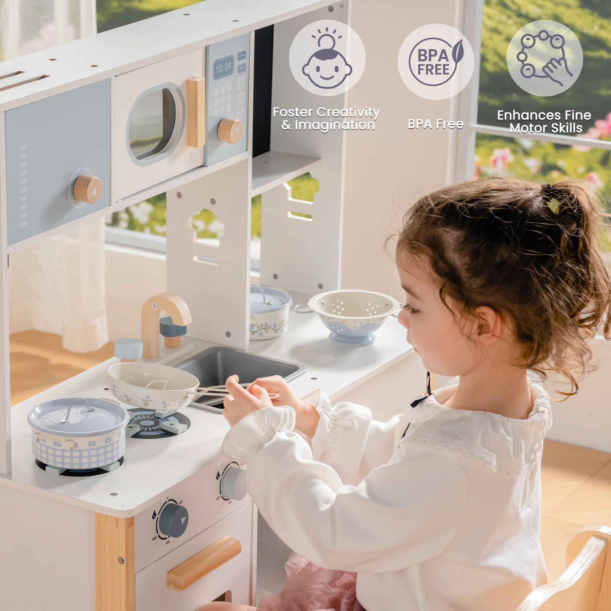 ROBOTIME Blaszane naczynia do gotowania w kształcie niebieskich kwiatów, mini akcesoria kuchenne do zabawy, garnki do zabawy i patelnie, zabawki z torbą siatkową, kremowy francuski styl dla dzieci w