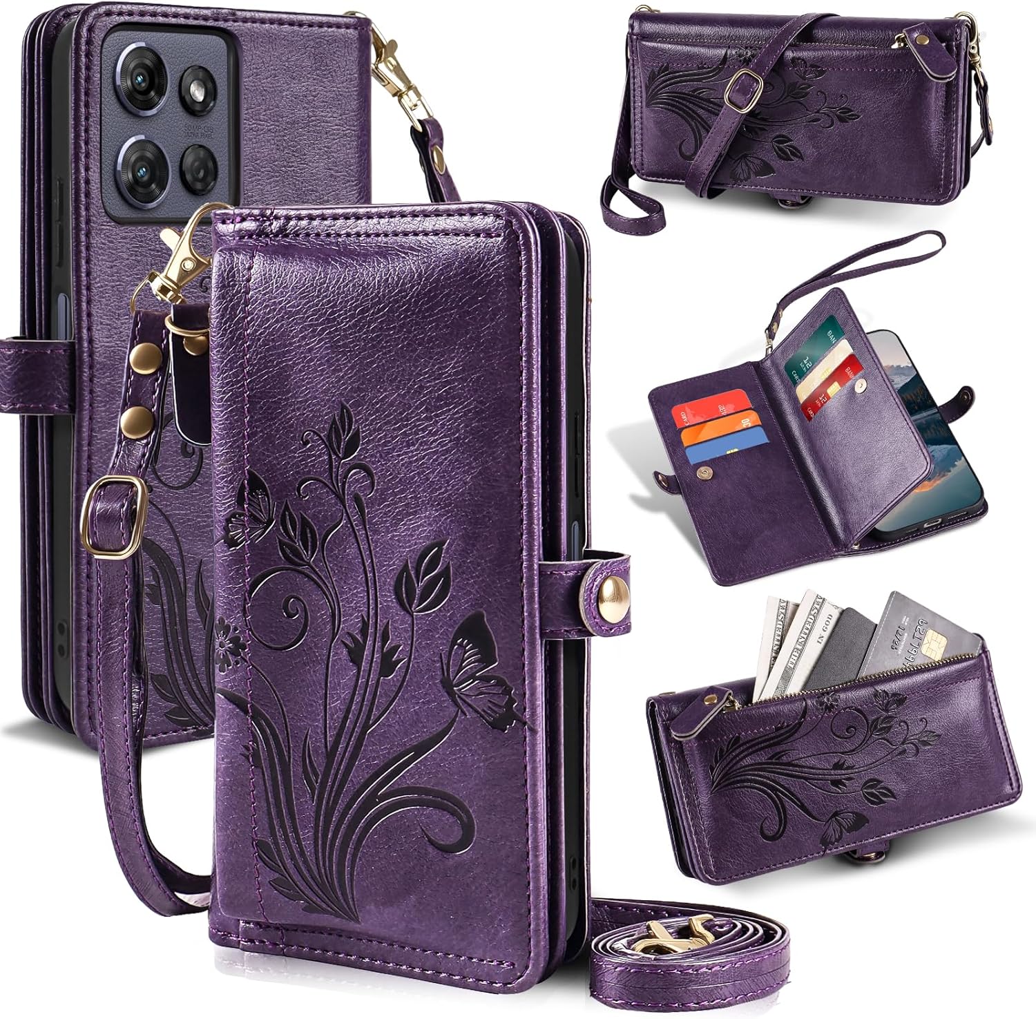 Lacass for Motorola Moto G Power 2025/ Moto G Power 2026 Case Wallet, [Cards Theft Scan Protection] Card Holder Zipper Leather Flip Cover Crossbody Wrist Strap with Stand(Floral Dark Purple)