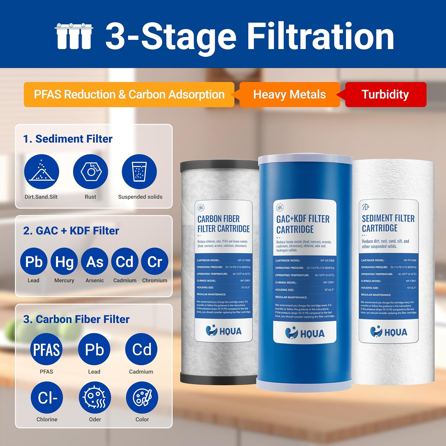 WF3-12 3-Stage Whole House Water Filtration System, Reduces Sediment, Chlorine, Lead, Mercury, Arsenic, Cadmium, Chromium, PFAS (PFOA/PFOS) image 3