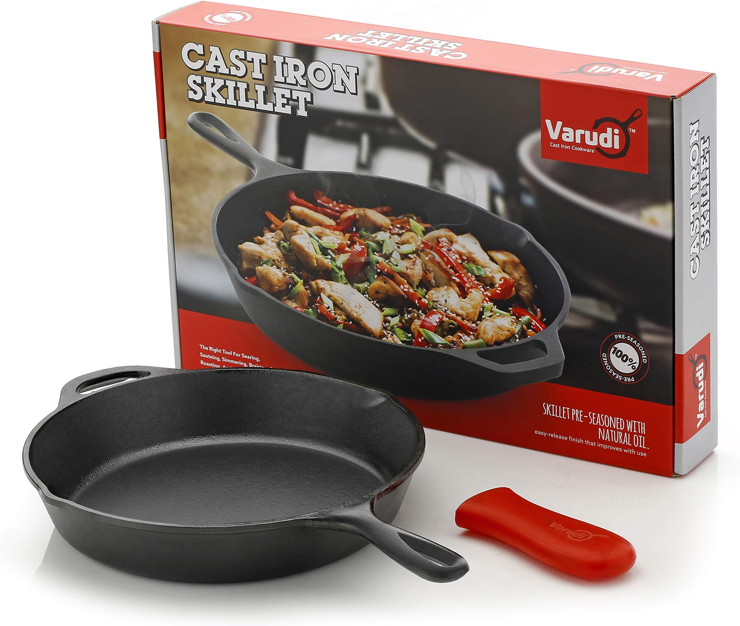 Varudi Pre-Seasoned 10.25 Inch Cast Iron Skillet Pan/Fry Pan/tawa with hot Silicon Handle, Black