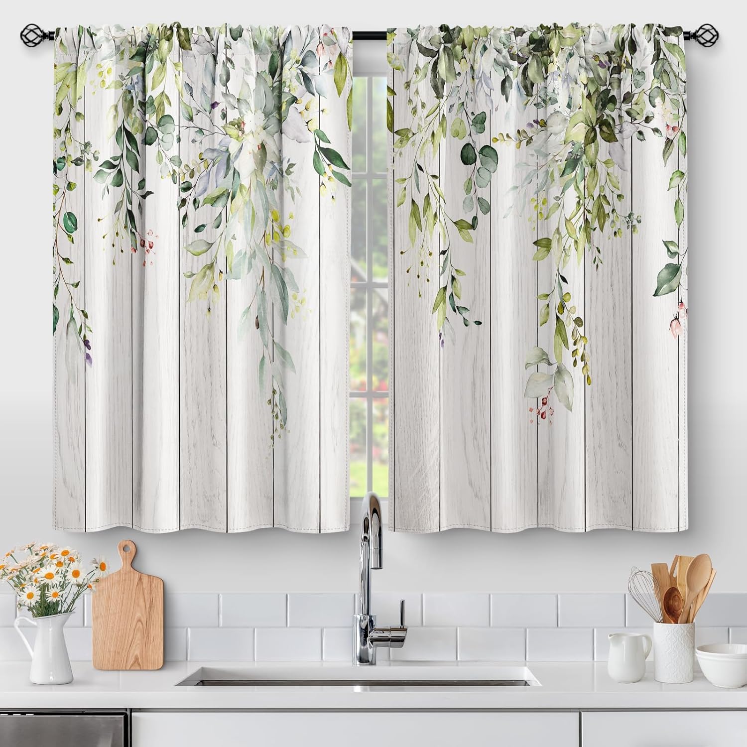 Aimego Floral Eucalyptus Leaves Kitchen Curtains - Rustic Country Botanical Plant Flowers Spring Short Cafe Tier Curtains Decor Watercolor Vintage Small Window Drapes 36 Inch Length 2 Panels 28"x36"
