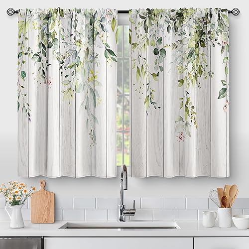 Aimego Cortinas de cocina con hojas de eucalipto y flores rústicas botánicas de primavera, cortinas cortas para cafetería, decoración de acuarela,