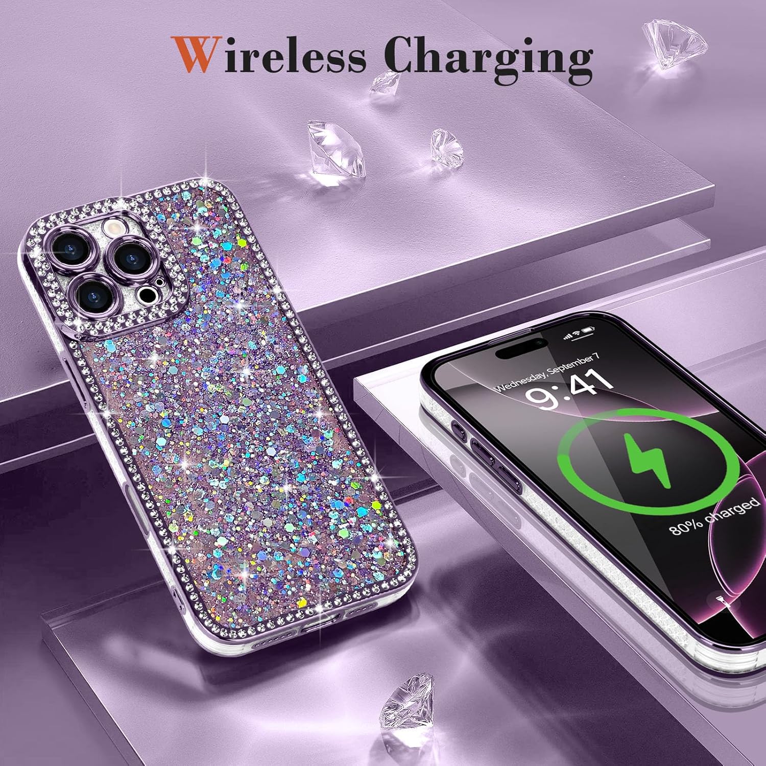 Lafunda for iPhone 16 Pro Case Glitter, Luxury Shiny Bling Sparkly Bumper Cover with Crystal Diamonds for Women Girls Soft TPU Slim Shockproof Protective Phone Case for iPhone 16 Pro 6.3", Purple - Image 6