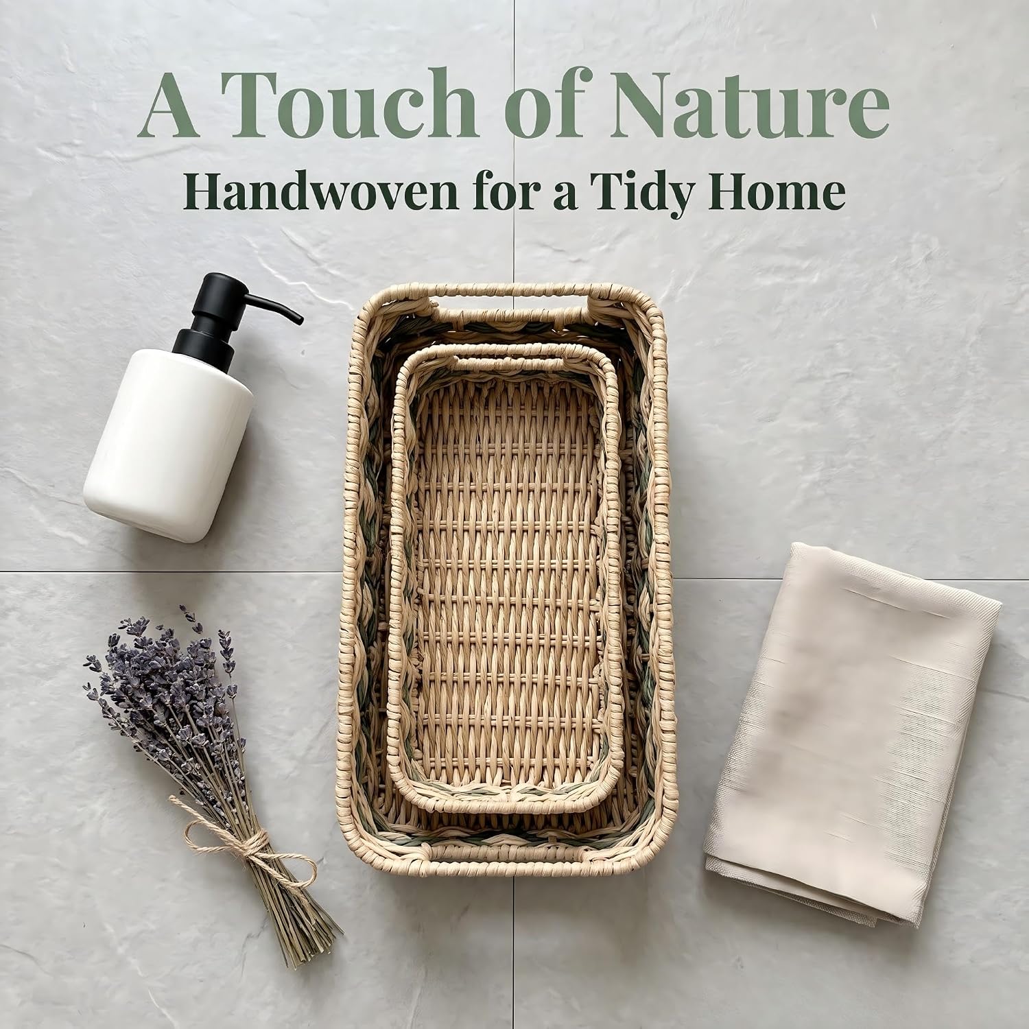 2-Pack Woven Rattan Bathroom Basket with Handles for Toilet Tank