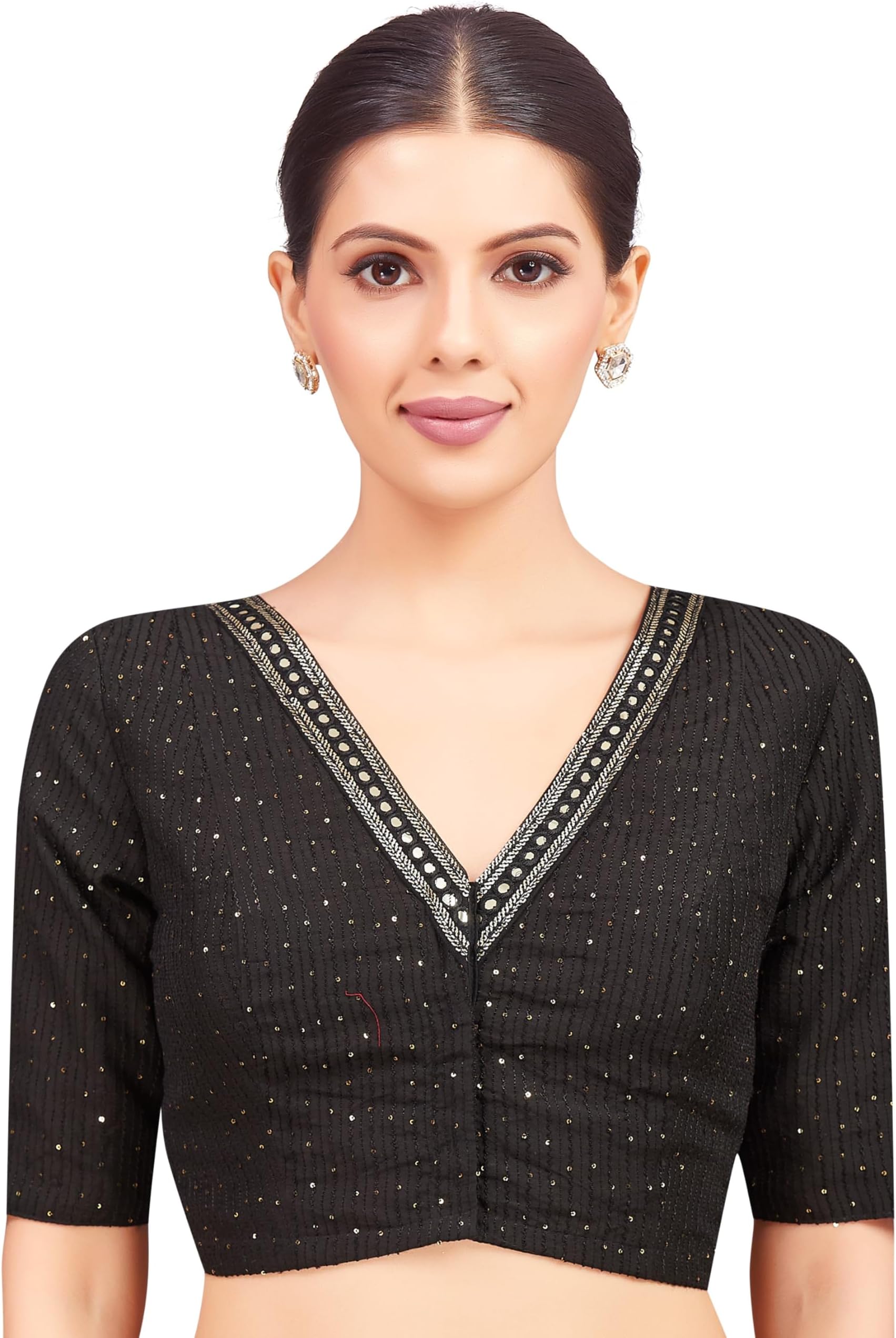 Studio Shringaar Women's Readymade Polyester Elbow Length Sleeves Saree Blouse with Mirror Work
