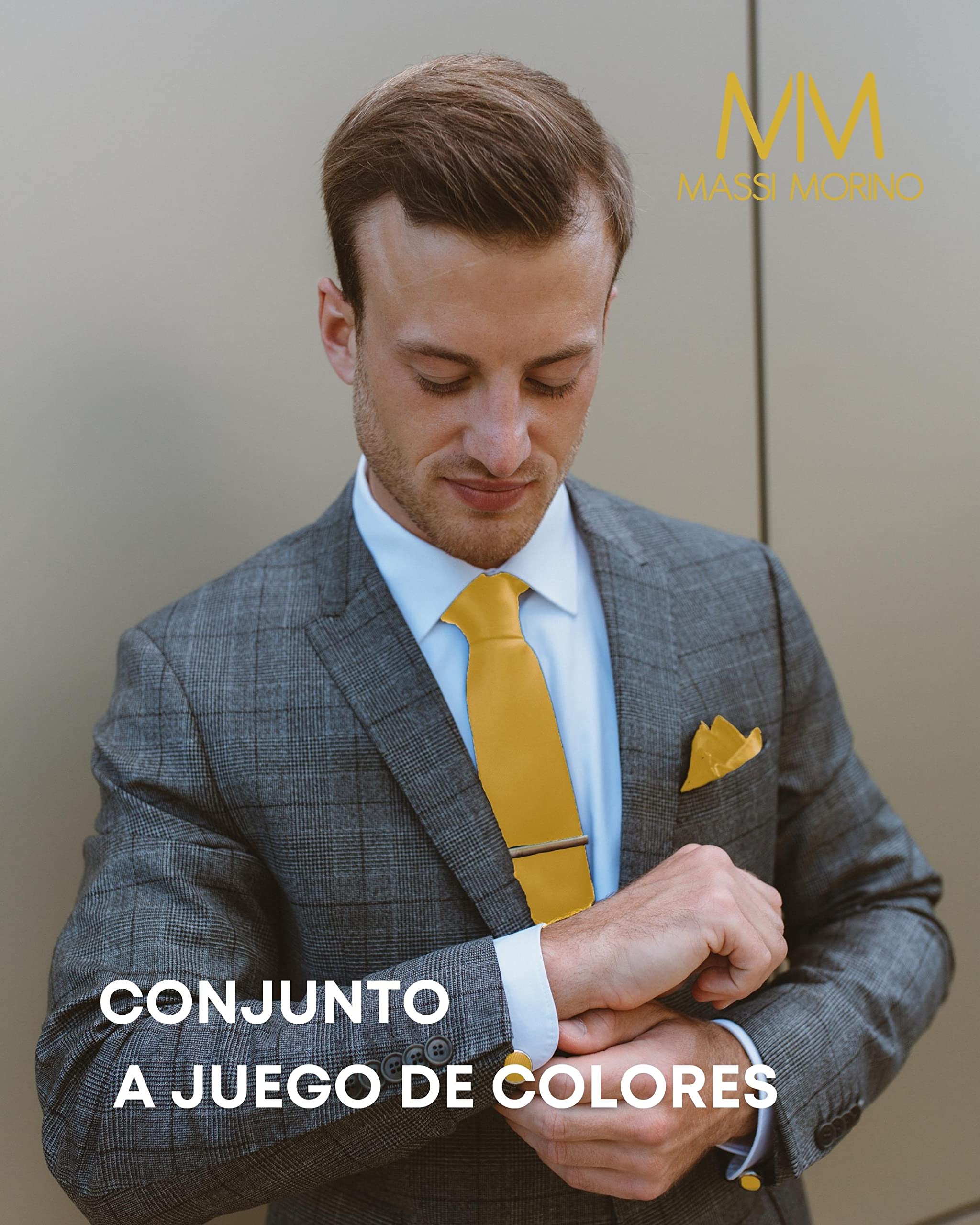 Massi Morino Set de Corbata con Pañuelo para Hombre incl. Gemelos, Pasador de Corbata y Caja de Regalo | Set de Corbata para Hombres para Bodas