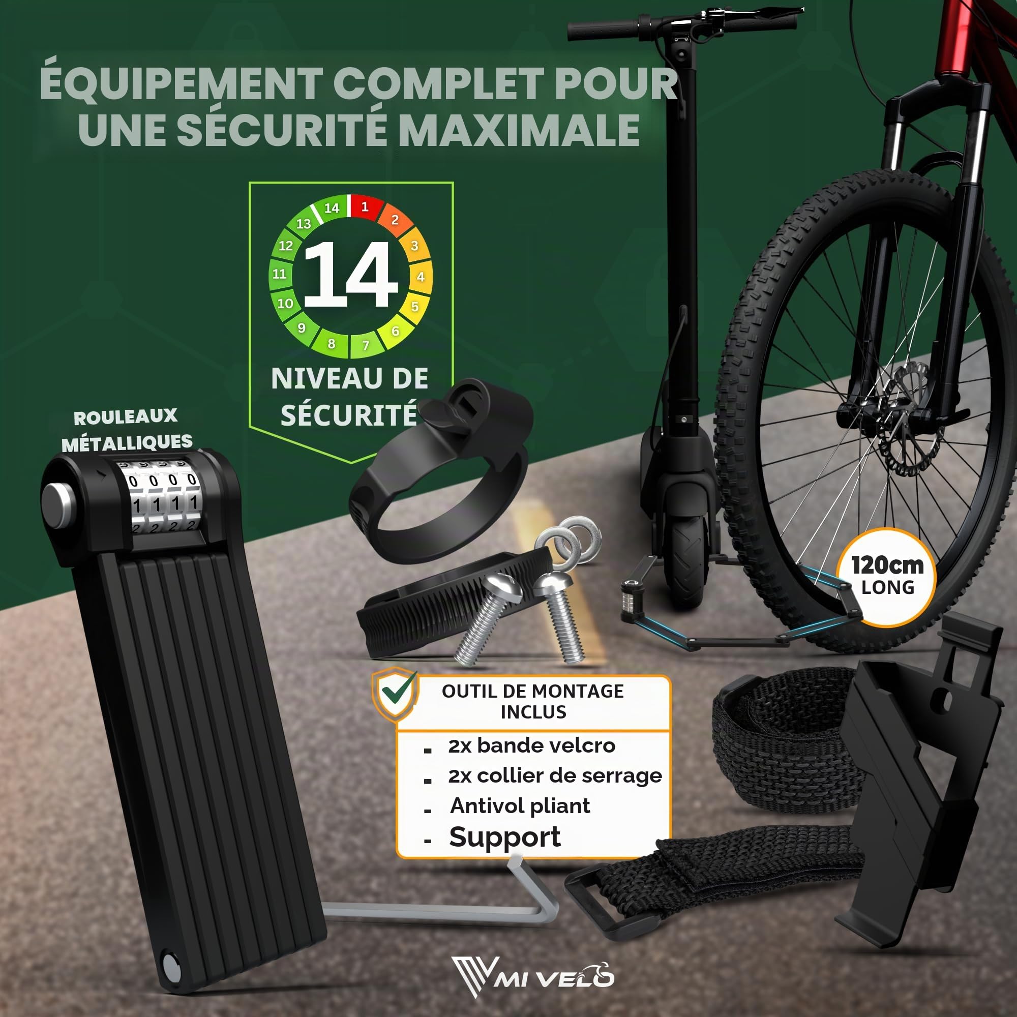 MIVELO Antivol pour vélo pliable extra sûr I Antivol pliable à combinaison avec 10 000 combinaisons possibles avec support I Antivol de roue – Antivol pour vélo et scooter électrique 90/120 cm (120