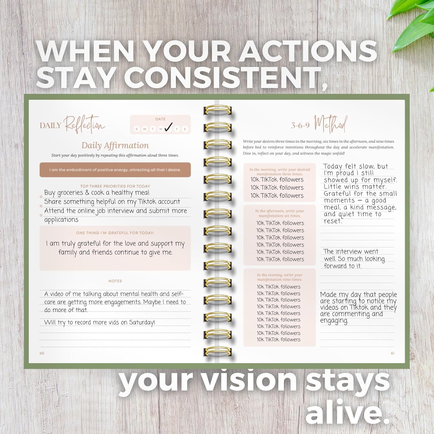 Manifestation Journal for Women | Guided 369 Method & Undated 90-Day Planner for Intentional Goal Setting - Sage Green