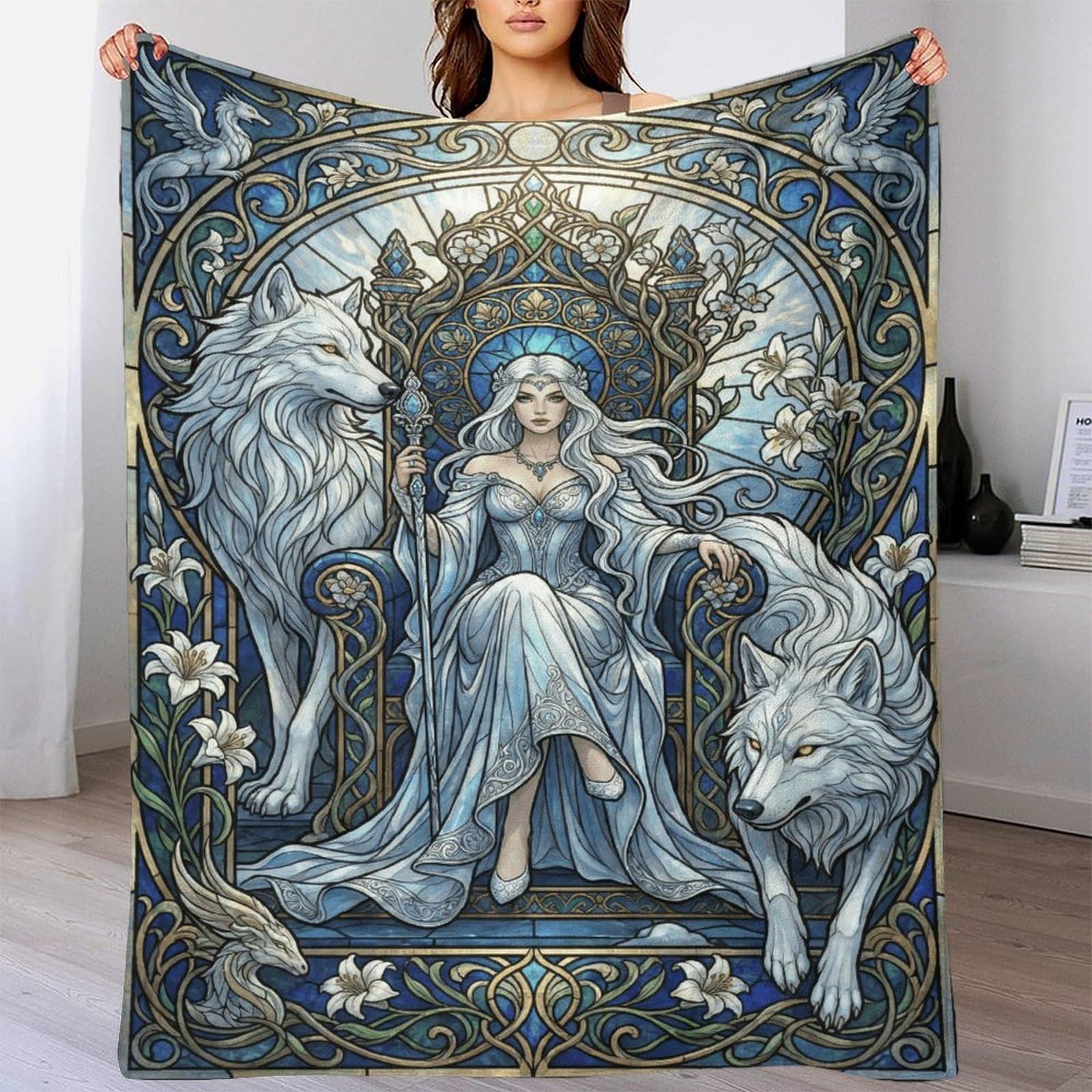 W7C8U2X3 Art Nouveau Mucha Wolf Flannel Throw Blanket, Reading Couch Use