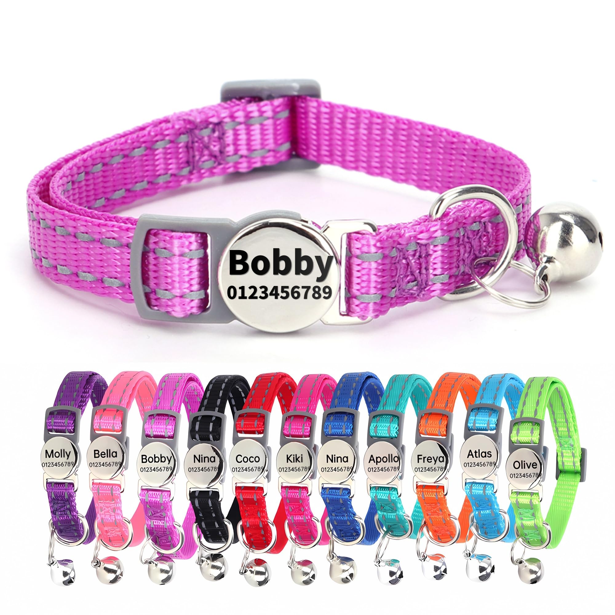 SEOUGEE Cat Collar Quick Release with Personalised Name Tag, Reflective Kitten Collars with Bells & Safety Release, 19-30 CM Adjustable, Purple