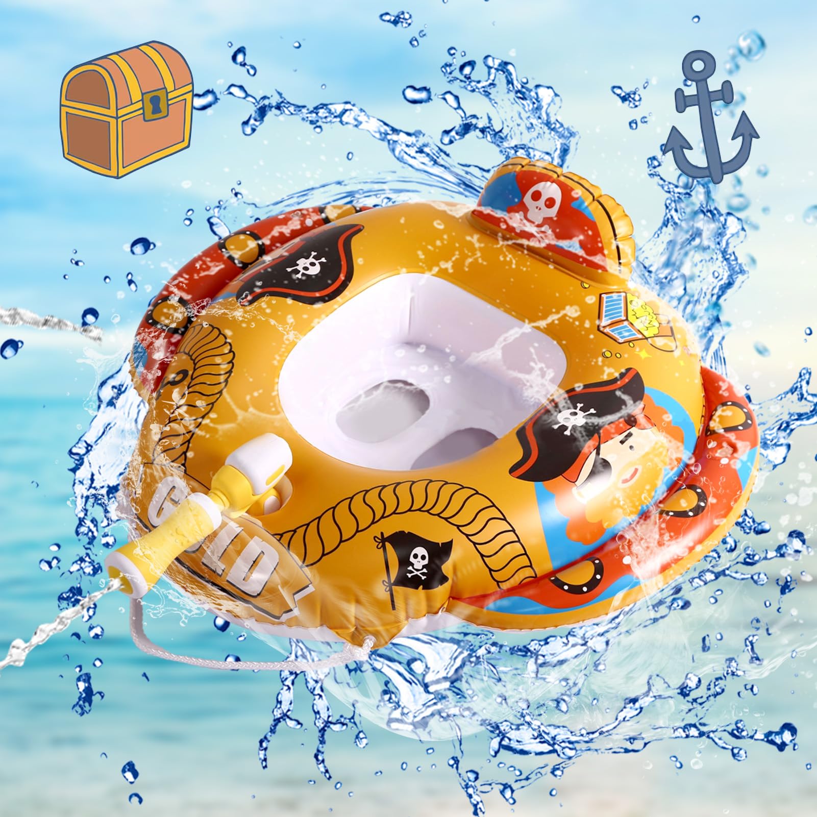 Shinybox Flotador Bebé con Pistola de Agua, Flotador Piscina Inflable Anillo de Natación, Barco Hinchable para Niños, Anillo de Natación para Bebé Inflable, Juguete de Natación para Niños
