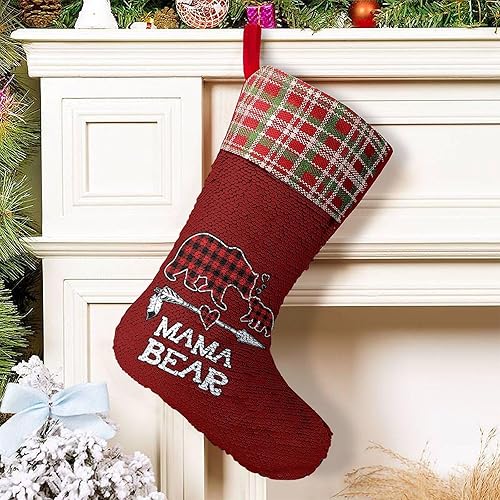 Miniatura 6 de Medias de Navidad de búfalo a cuadros rojos con lentejuelas, bolsa de regalo para fiestas de árbol de Navidad