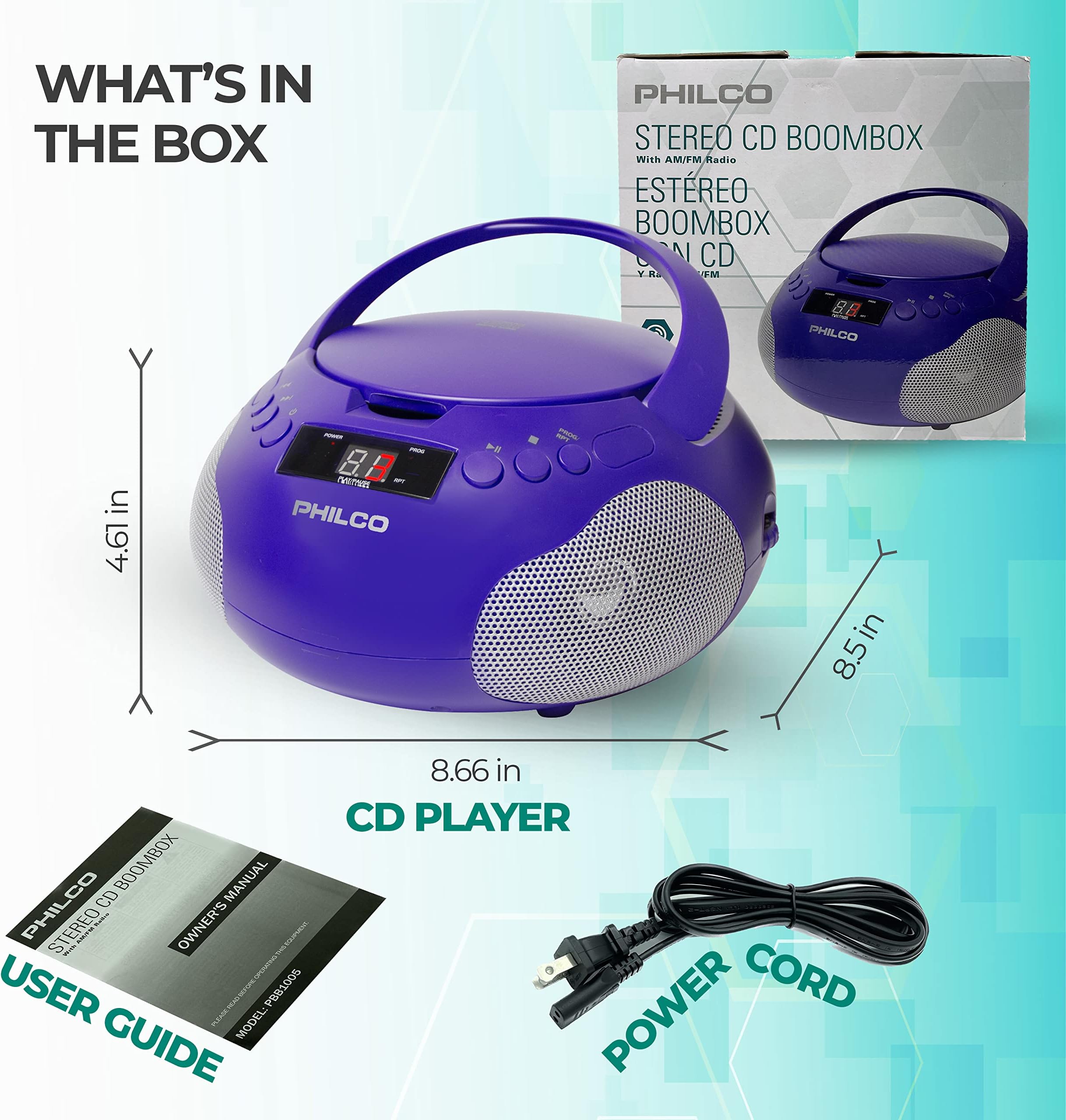 Philco Portable CD Player Boombox with Speakers and AM FM Radio | Purple Boom Box CD Player Compatible with CD-R/CD-RW and Audio CD | 3.5mm Aux Input | Stereo Sound | LED Display | AC/Battery Powered
