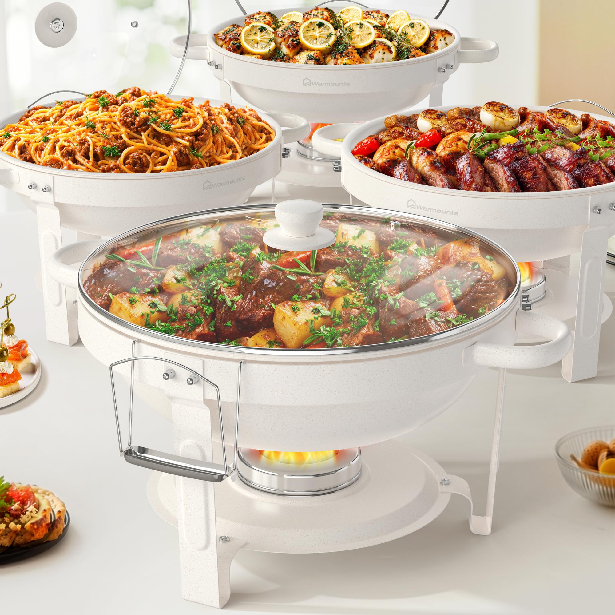 WARMOUNTS 4 Pack White Chafing Dish Buffet with Glass Lid 5L, Maifanite-Coated Round Food Warmers Set w/Mirror-Polished Stainless Steel, Rolled Rim Stackable Chafers with Lid Holder for Party, Wedding