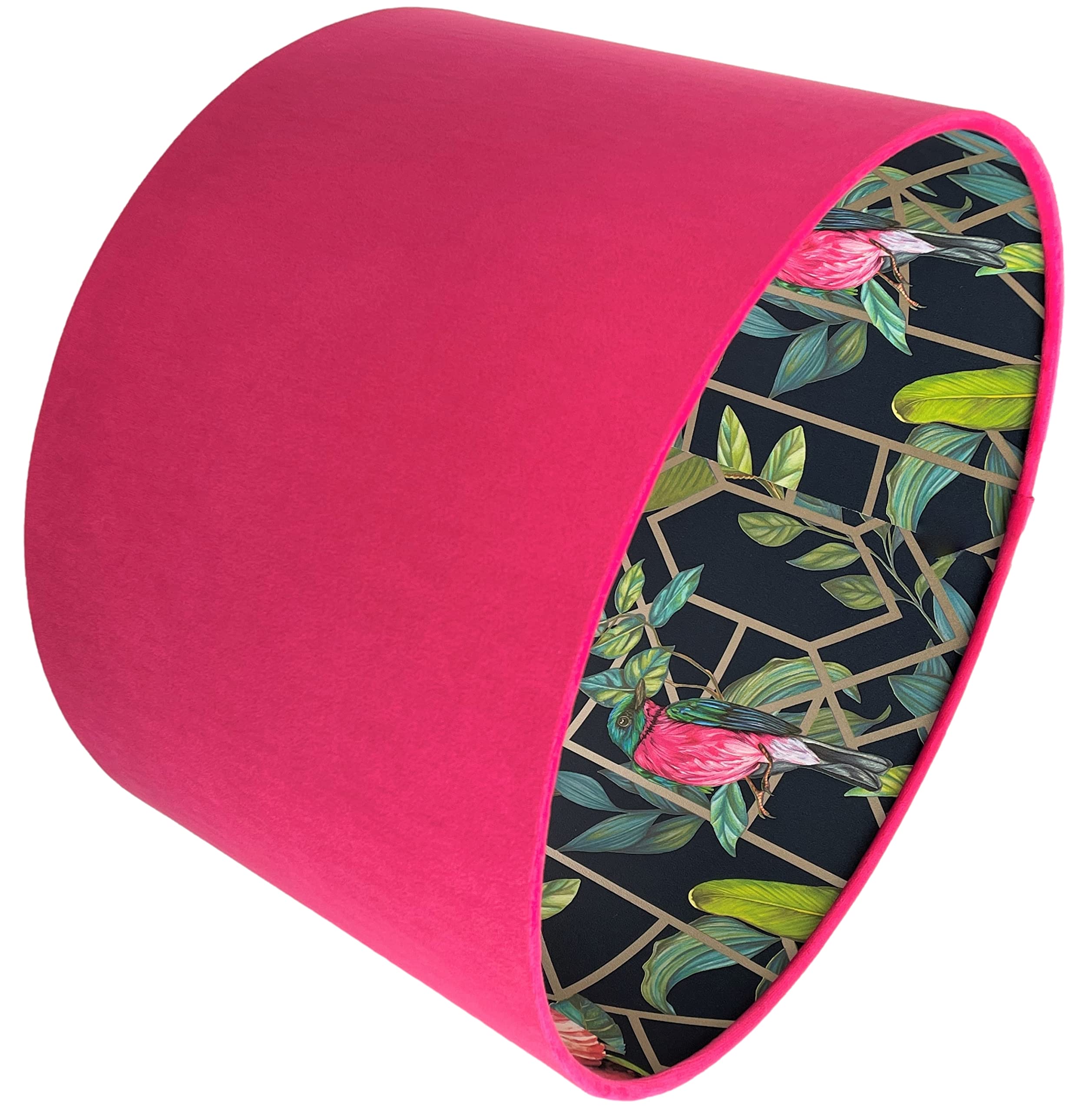 Hot Pink Velvet Tropical Geometric Bird Lampshade Ceiling Light Shade Neon Fuchsia Jungle Leaf Design Pattern