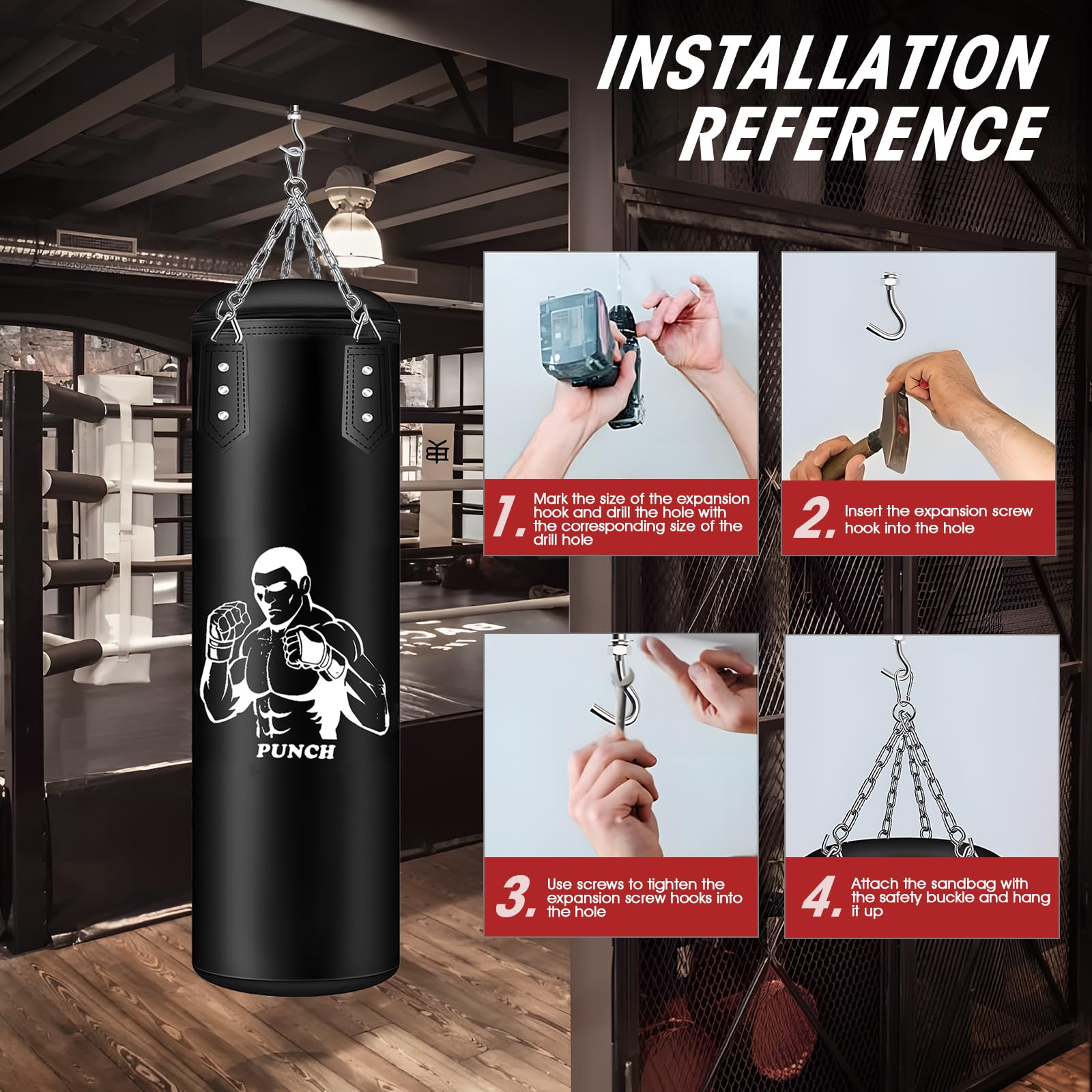 Saco de boxeo colgante para saco de boxeo sin relleno de pera de boxeo Muay Thai, juego con guantes de boxeo, cadena, ganchos de techo para adultos, jóvenes, niños, kickboxing, muay tailandés, karate