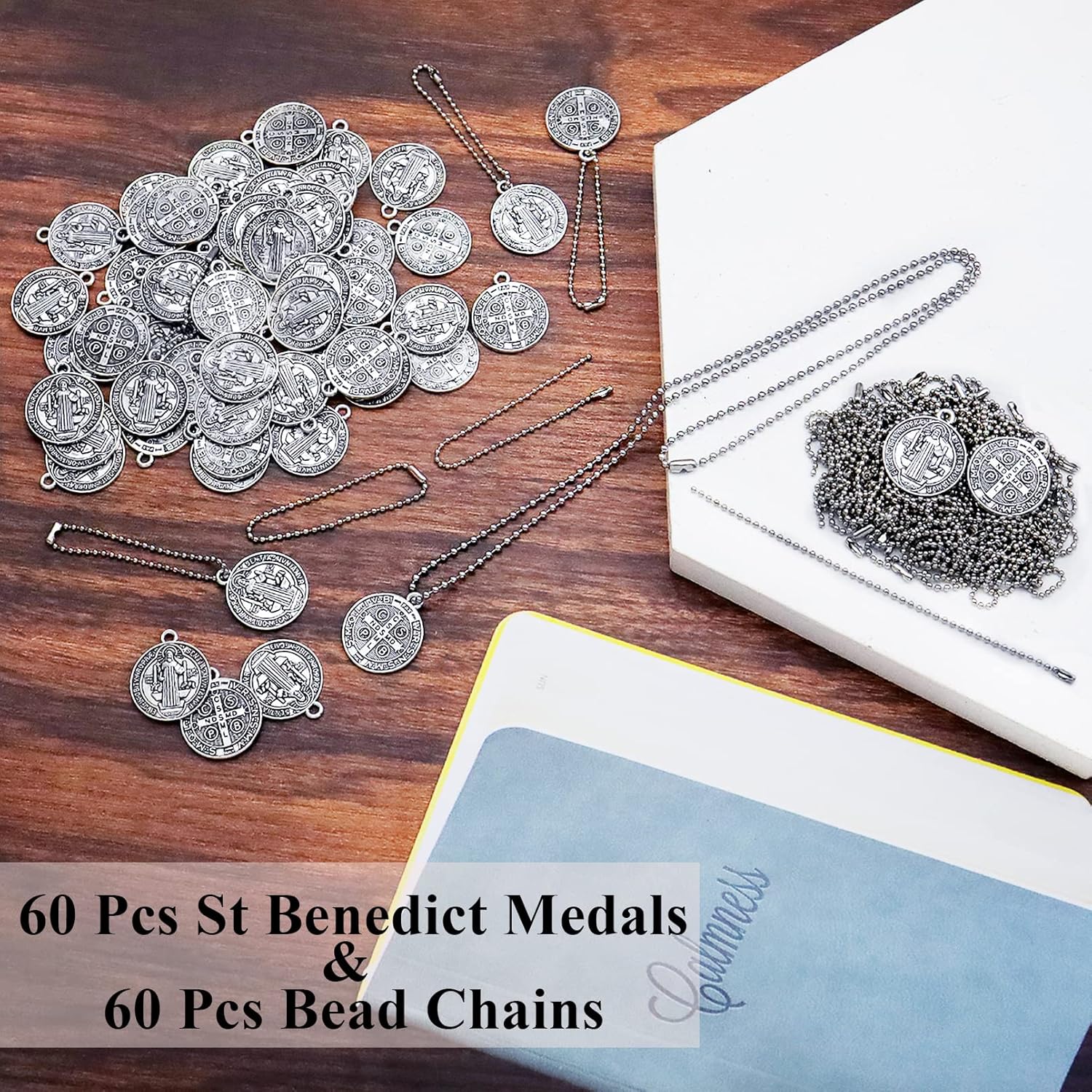 120 Pieces St Benedict Medals Accessory Set, 60Pcs 0.9 x 0.79in Cross Protection Saint Pendant, 60 Pcs Bead Chain, Pocket Prayer Medal Catholic Baptism Charms Religious Amulet Gift - Image 6