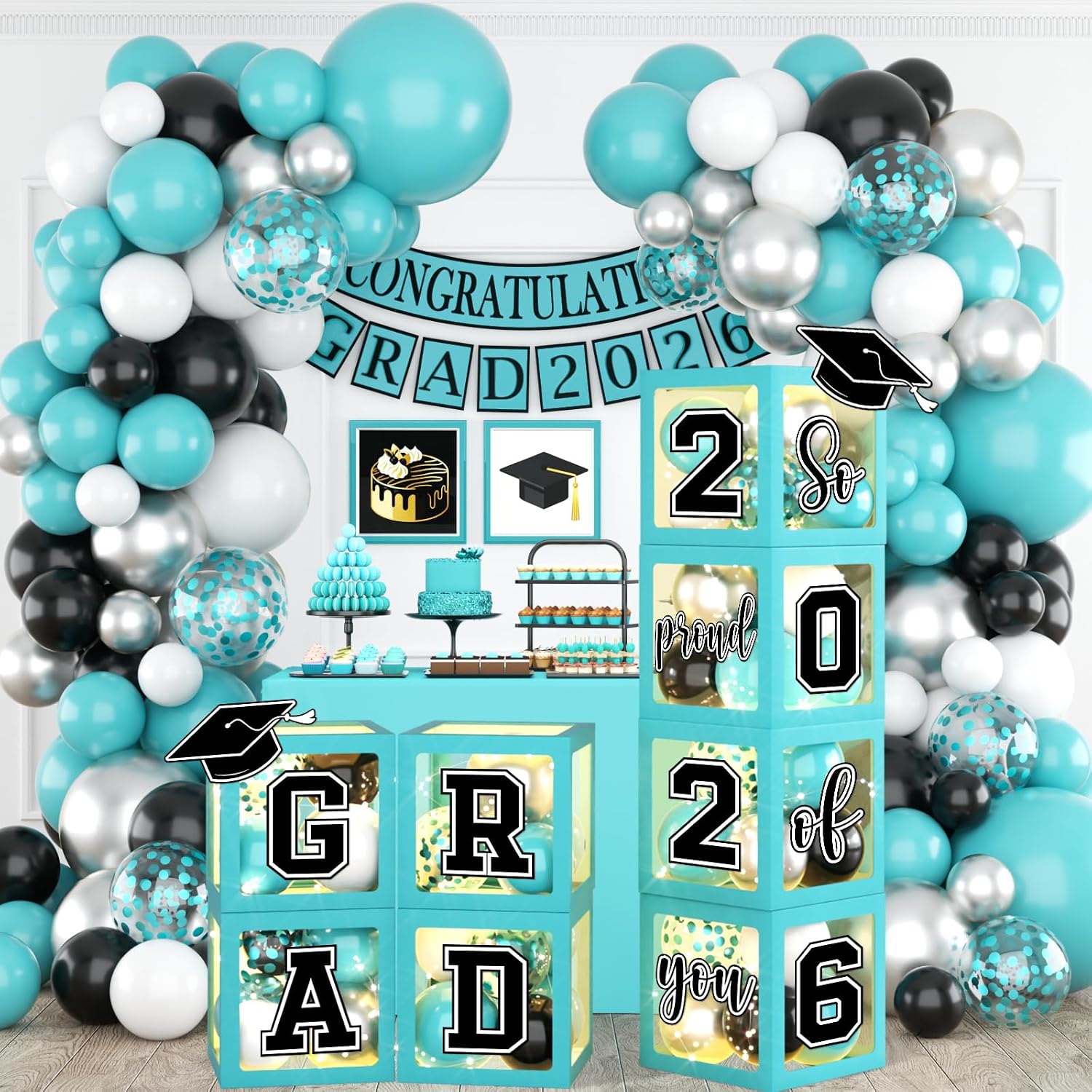 Graduation Decorations 2026 - Set of 4 Grad Boxes with Orange and Blue Balloon Arch Garland Kit So Proud of You 2026 GRAD Decorations for College,High School,Prom Celebrations
