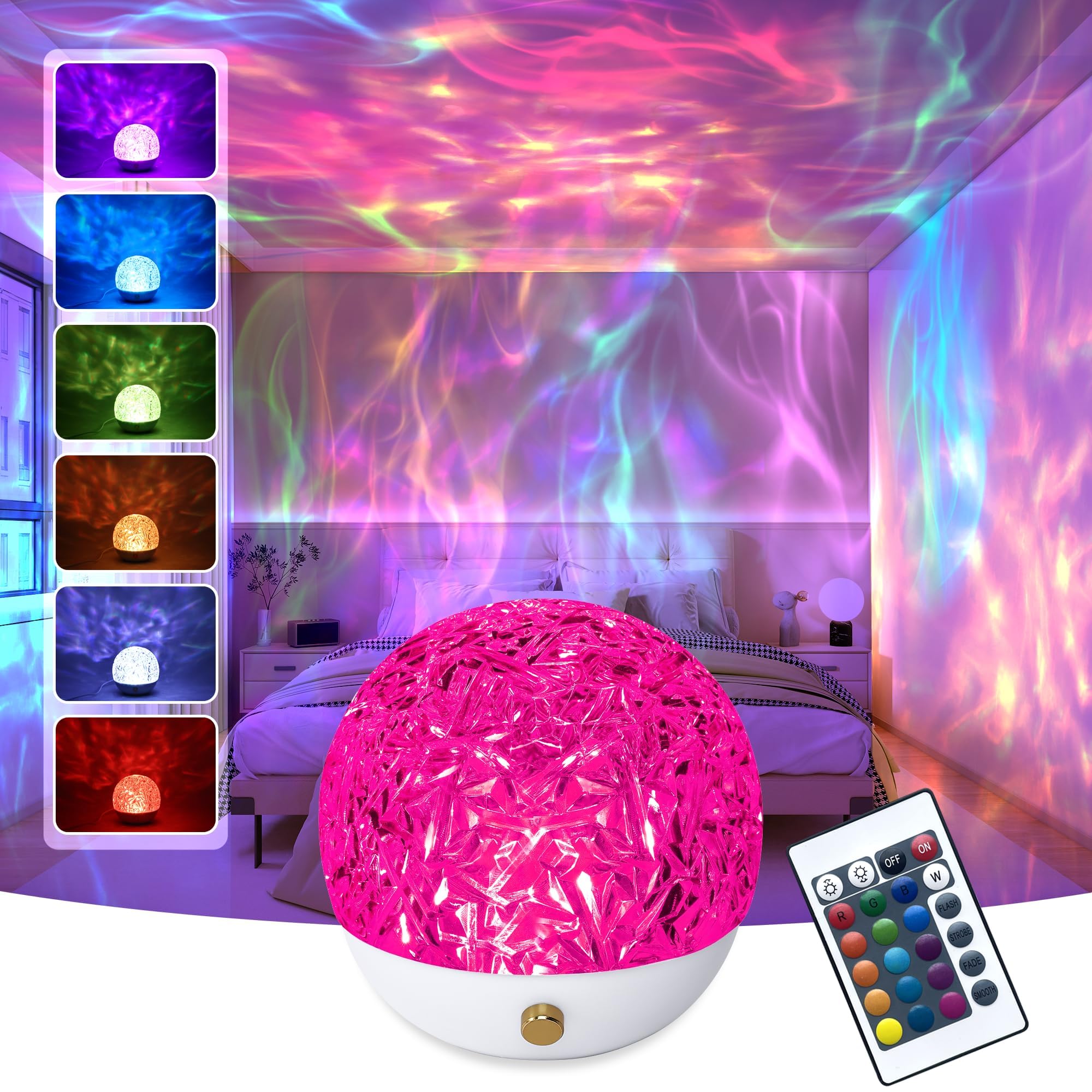 ZuzongBaoYou 16 Colour LED Ripple Projector Lamp with Remote Control, Dimmable Ambient Mood Light, 360° Wave Effect Night Light for Bedroom, Living Room, Parties & Home Décor