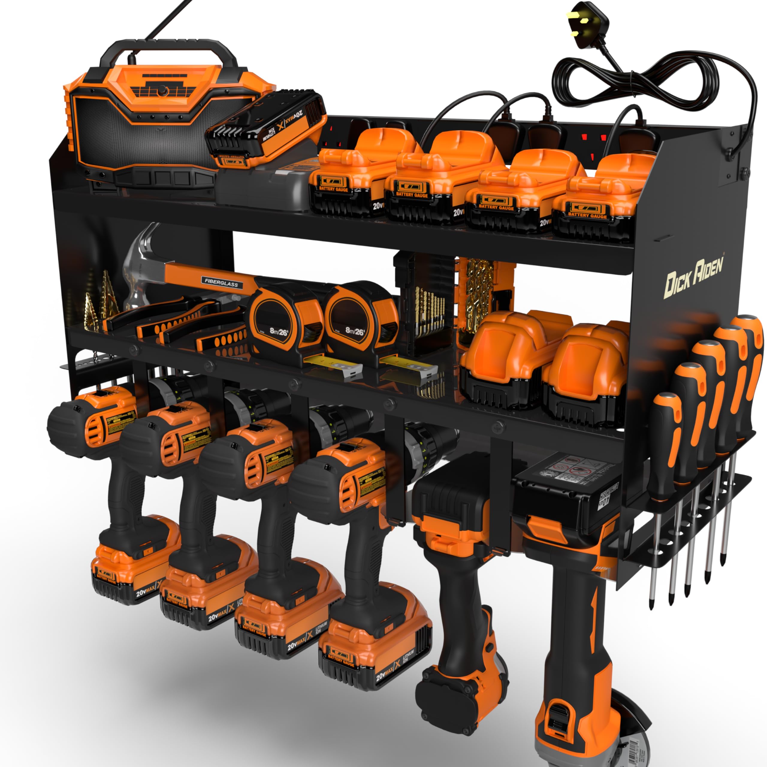 Toolganize Black 6-Slot Power Tool Organiser, Storage Rack With Power Strip Charging Station, Heavy-Duty For Workshop & Garage Tools, Large 6-Pack, Black.