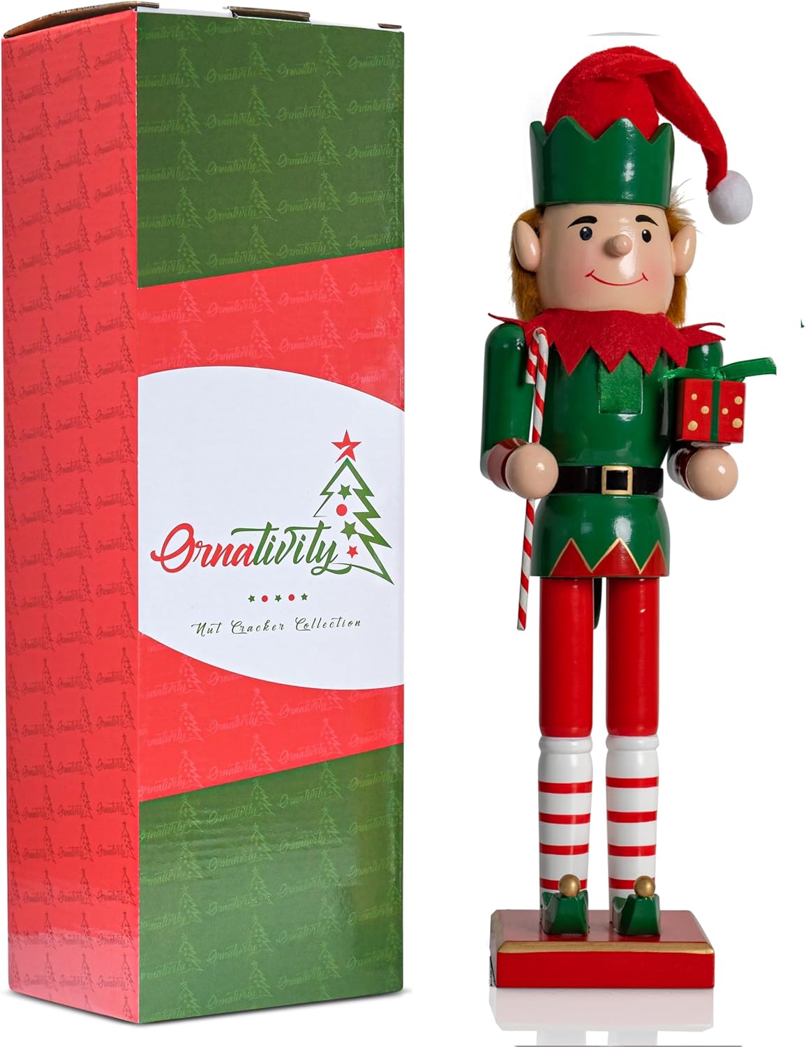 Ornativity Christmas Elf Holiday Nutcracker – Red and Green Wooden Elf with Candy Cane and Gift Box Xmas Themed Holiday Nut Cracker Figure Decorations 15"