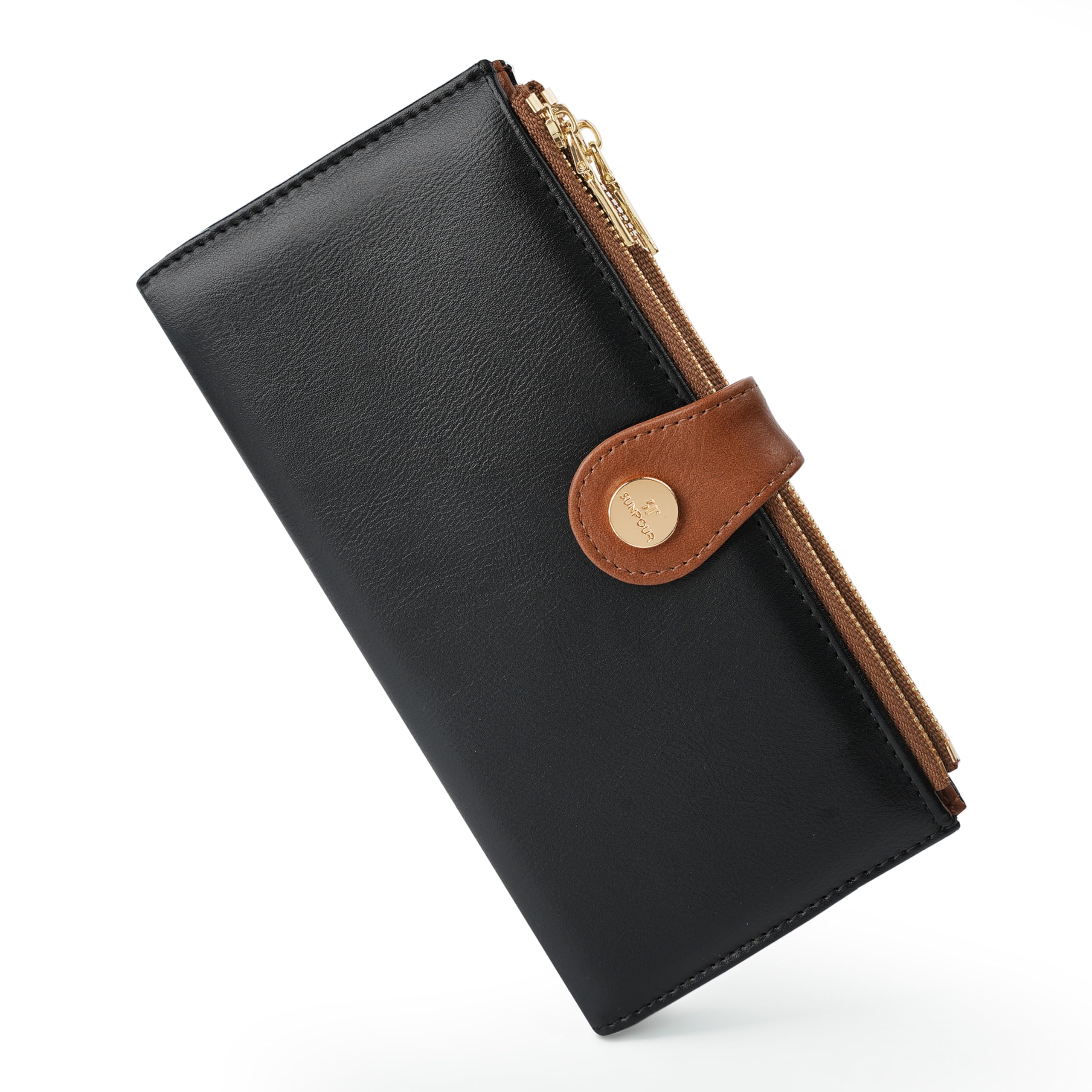 Sunpour Womens Leather Wallet RFID Blocking Slim Bifold Credit Card Holder Travel Wallet with Double Zipper Pocket