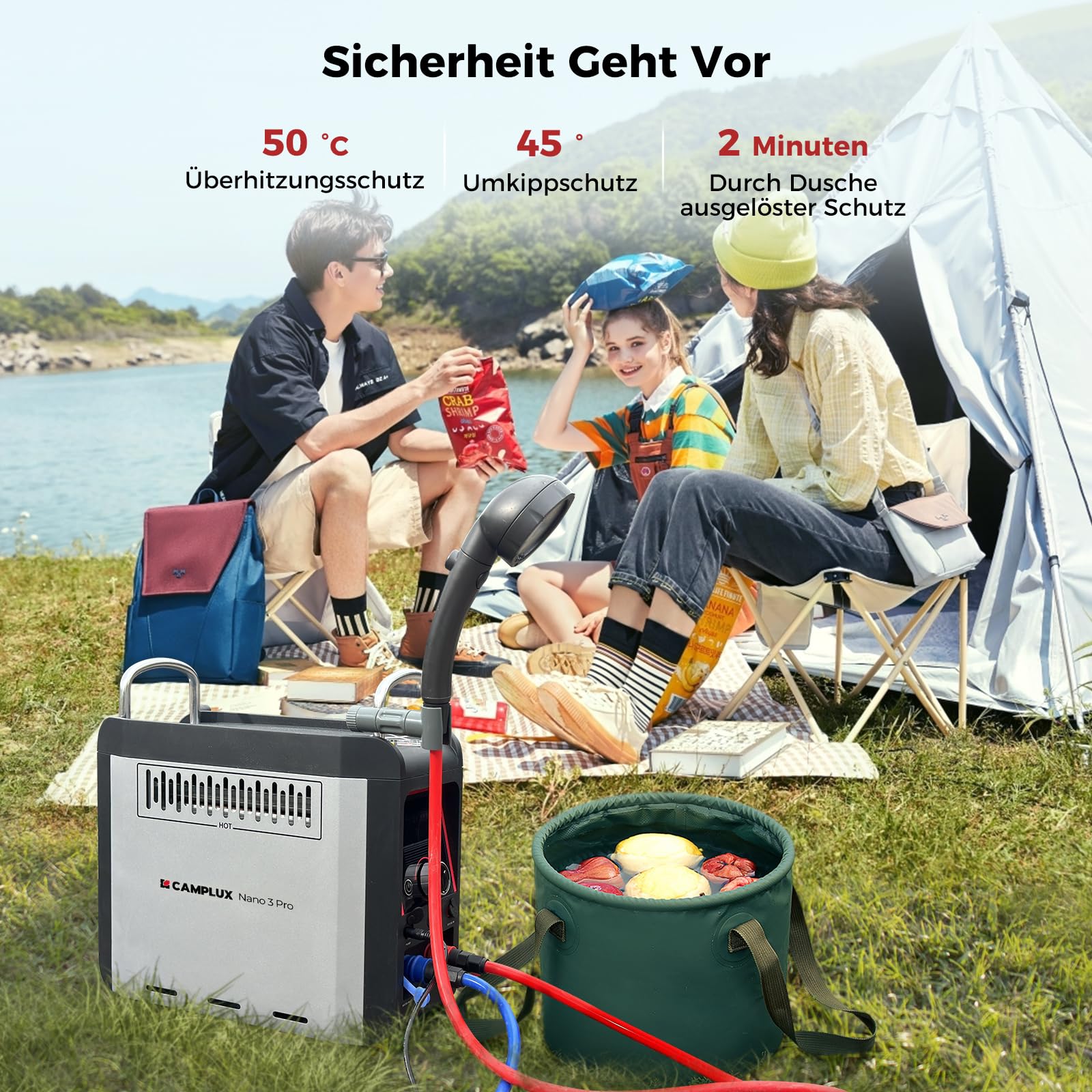 CAMPLUX Nano 3 Liter Gasdurchlauferhitzer Mobiler mit Wasserpumpe & Griff, 12 Volt, 50mbar LPG, für Campingdusche, Nano 3 Pro-DE
