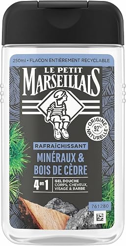 Le Pe Marseillais | Duschgel für Herren Mineralien & Zedernholz (Flasche mit 250 ml) - 4-in-1-Formel für Körper, Haare, Gesicht und Bart - 92% Inhaltsstoffe natürlichen Ursprungs u