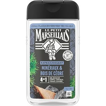 Le Pe Marseillais Duschgel f r Herren Mineralien & Zedernholz Flasche mit 250 ml - 4-in-1-Formel f r K rper Haare Gesicht und Bart - 92% Inhaltsstoffe nat rlichen Ursprungs und pH-neutral