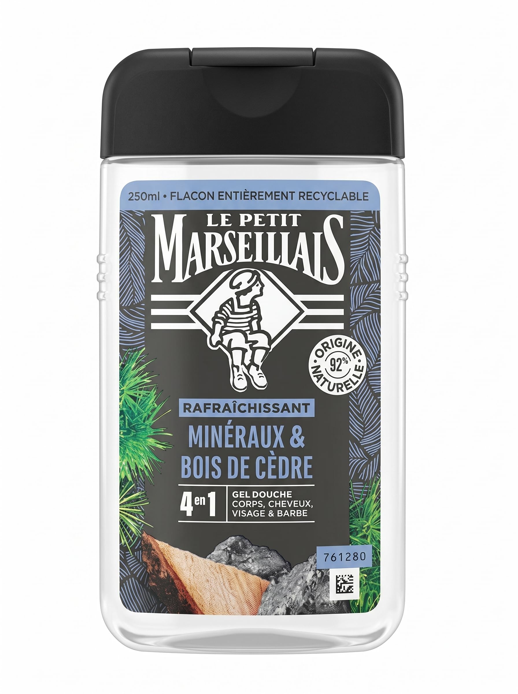 Le Pe Marseillais Shower Gel for Men Minerals & Cedar Wood (Bottle of 250 ml) - 4-in-1 Formula for Body, Hair, Face and Beard - 92% Ingredients of Natural Origin and pH Neutral