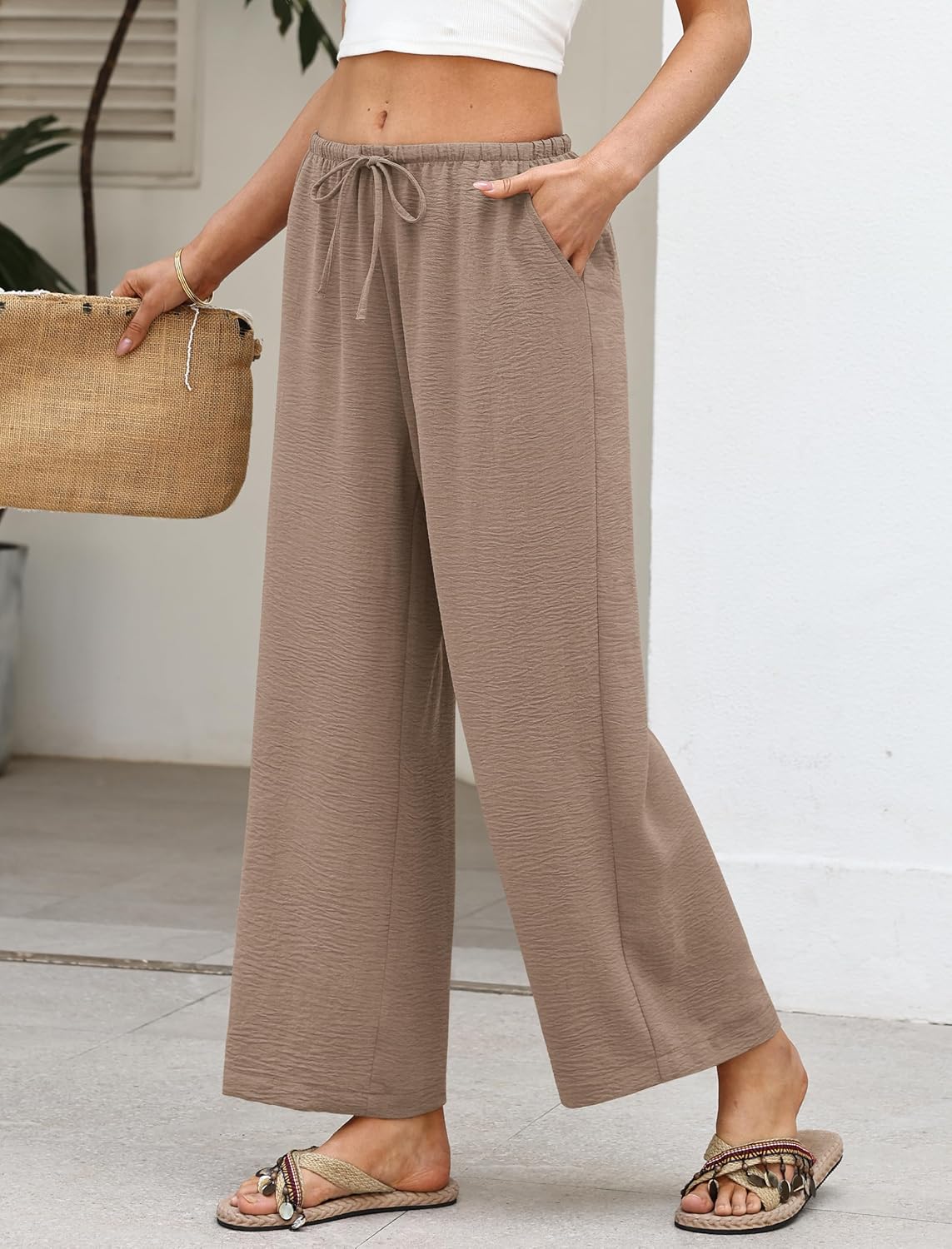 Sampeel Wide Leg Pants Women Casual Palazzo Drawstring Elastic Waist Trousers with Pockets Summer Beach Vacation Clothes
