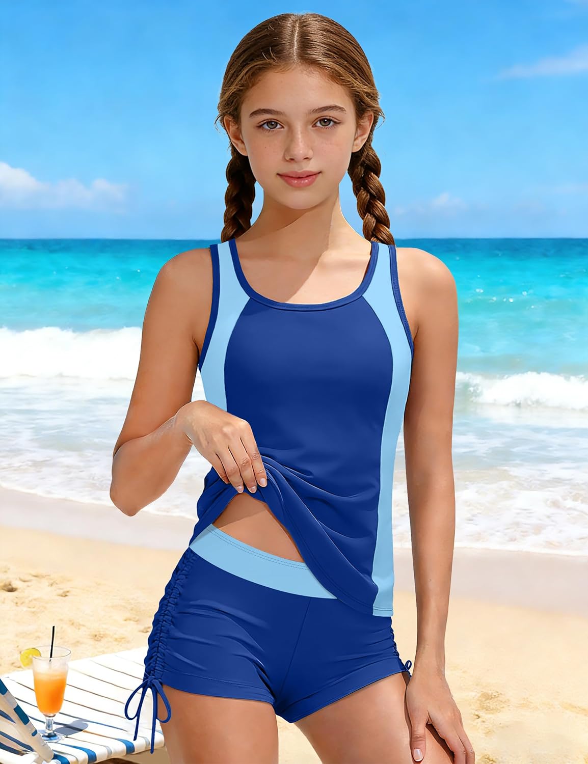 Girls Swimsuit Two Piece Color Block Adjustable Strap Tankini Sets with Drawstring Shorts Bathing Suit for Girls 9-16Y - Image 3