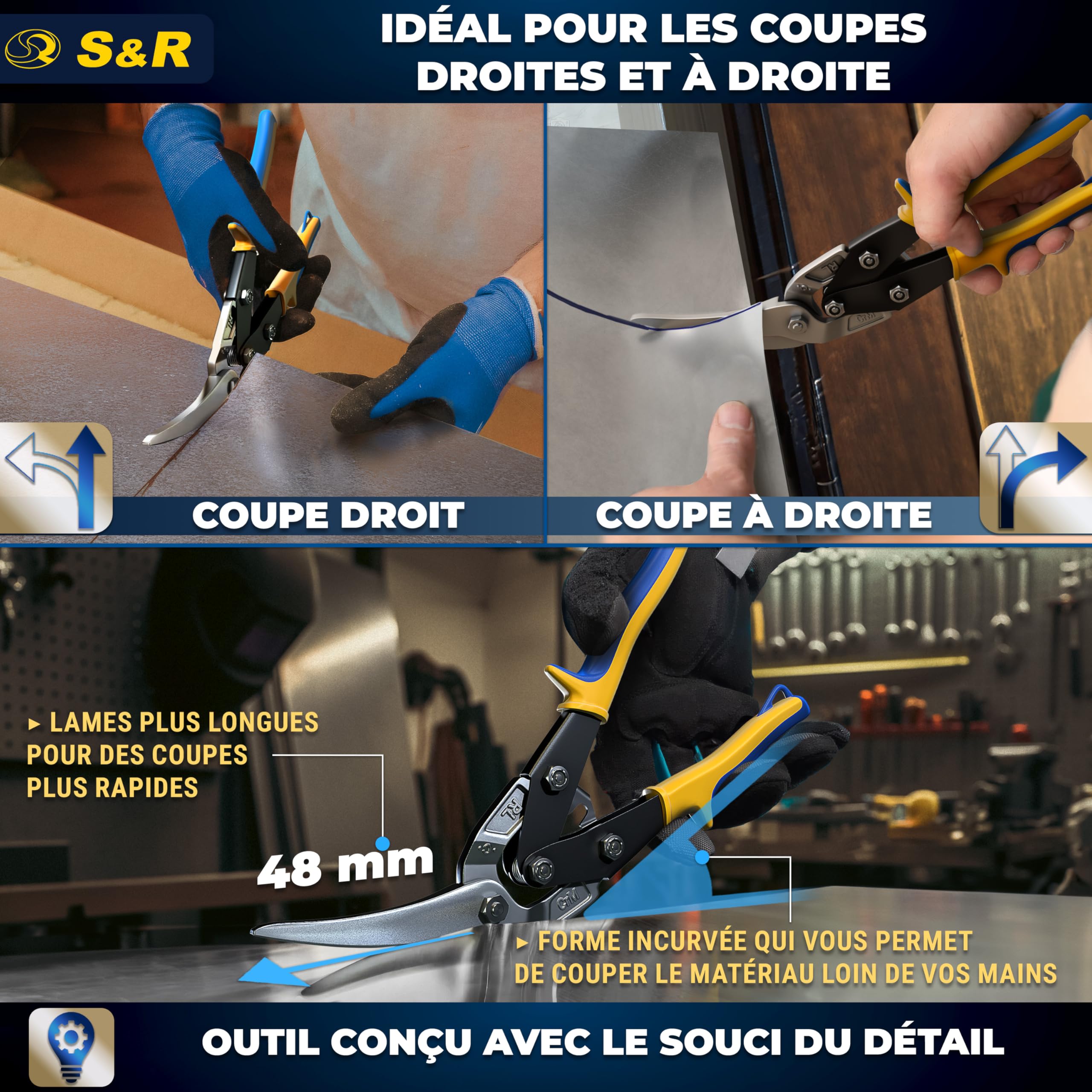 S&R Cisaille à Tôle Cisaille Plaquiste Rail Placo Couvreur Aviation Professionnelle 280 mm – Coupe à Droite – Lames Longues Dentelées CrMo pour Acier, Inox, Aluminium et Métaux Colorés