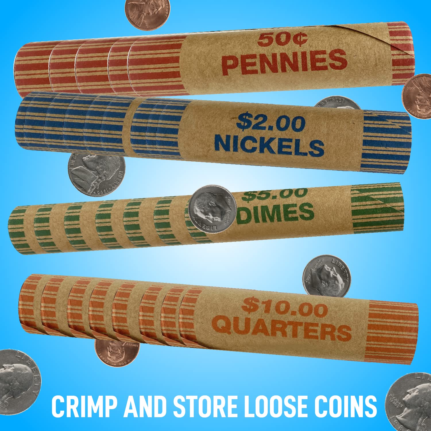 Nadex Münzrollenwickler, vorgeformt, gekräuseltes Ende, je 64 Stück, Nickel, Dimes, Pennies und Viertel, 256 Stück