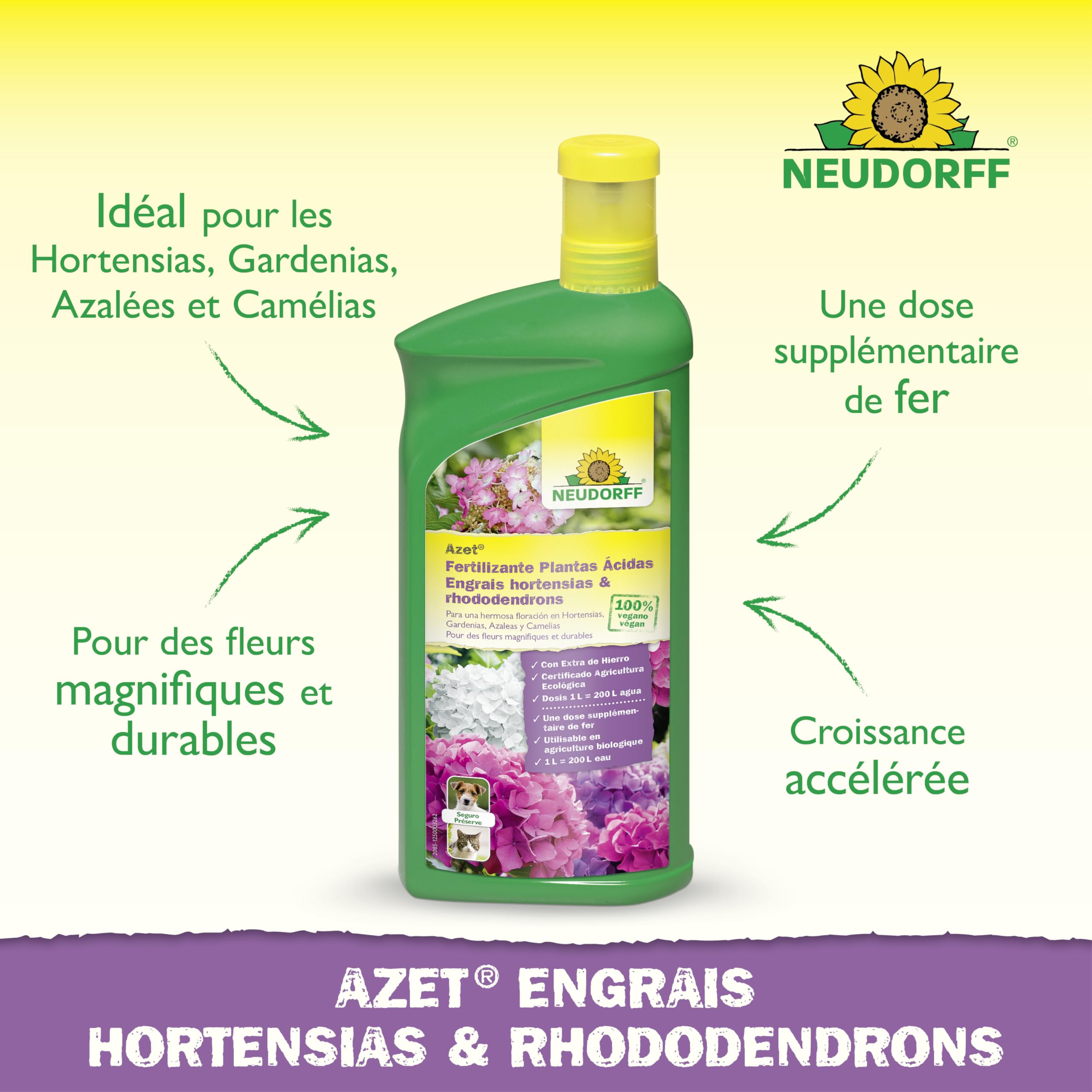 Neudorff Azet Engrais hortensias & rhododendrons – Engrais liquide naturel avec fer pour une floraison luxuriante et des hortensias, rhododendrons, azalées et camélias résistants, 1 L