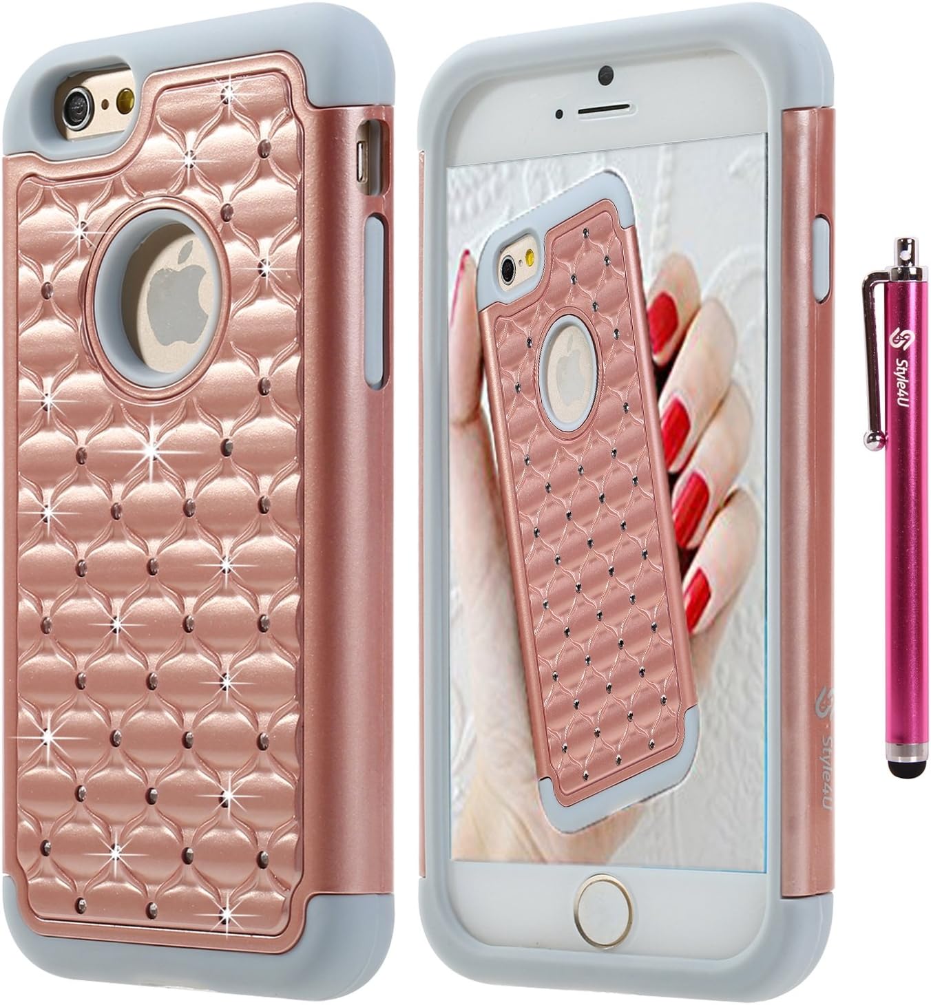 Style4U iPhone 6S Case, iPhone 6 Case, iPhone 6S / 6 Studded Rhinestone Crystal Bling Hybrid Armor Case Cover for Apple iPhone 6S / iPhone 6 with 1 HD Screen Protector and 1 Stylus [Rose Gold/Grey]