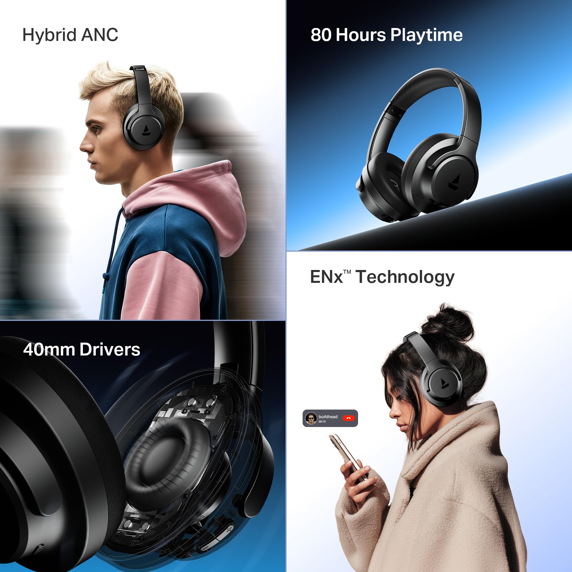 Boat Rockerz 512 ANC,(~40dB) Hybrid ANC, 80H Battery, 40mm Drivers, 40ms Low Latency, ENx Tech,Stream Ad Free Music via App Support, Bluetooth Headphones, Wireless Headphone with Mic (Cosmic Black) 1