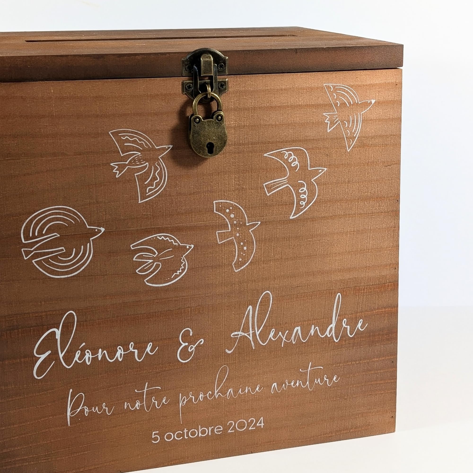 Grande urne Mariage personnalisée en Bois, avec Cadenas | 25 x 25 x 20 CM | Urne Mariage, PACS, Baby-Shower, Baptême, Communion, Anniversaire, Retraite | TE Whaka