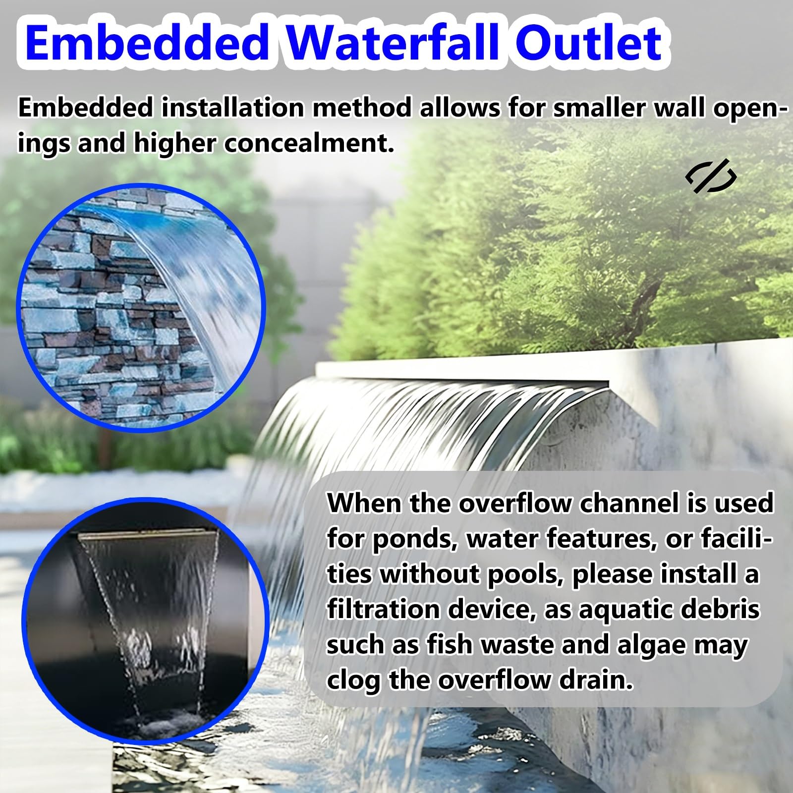 Fuente de acero inoxidable para piscina, cascada empotrada de pared de 12 pulgadas para patio, jardín y decoración de spa, función de agua personalizable con accesorios (negro)
