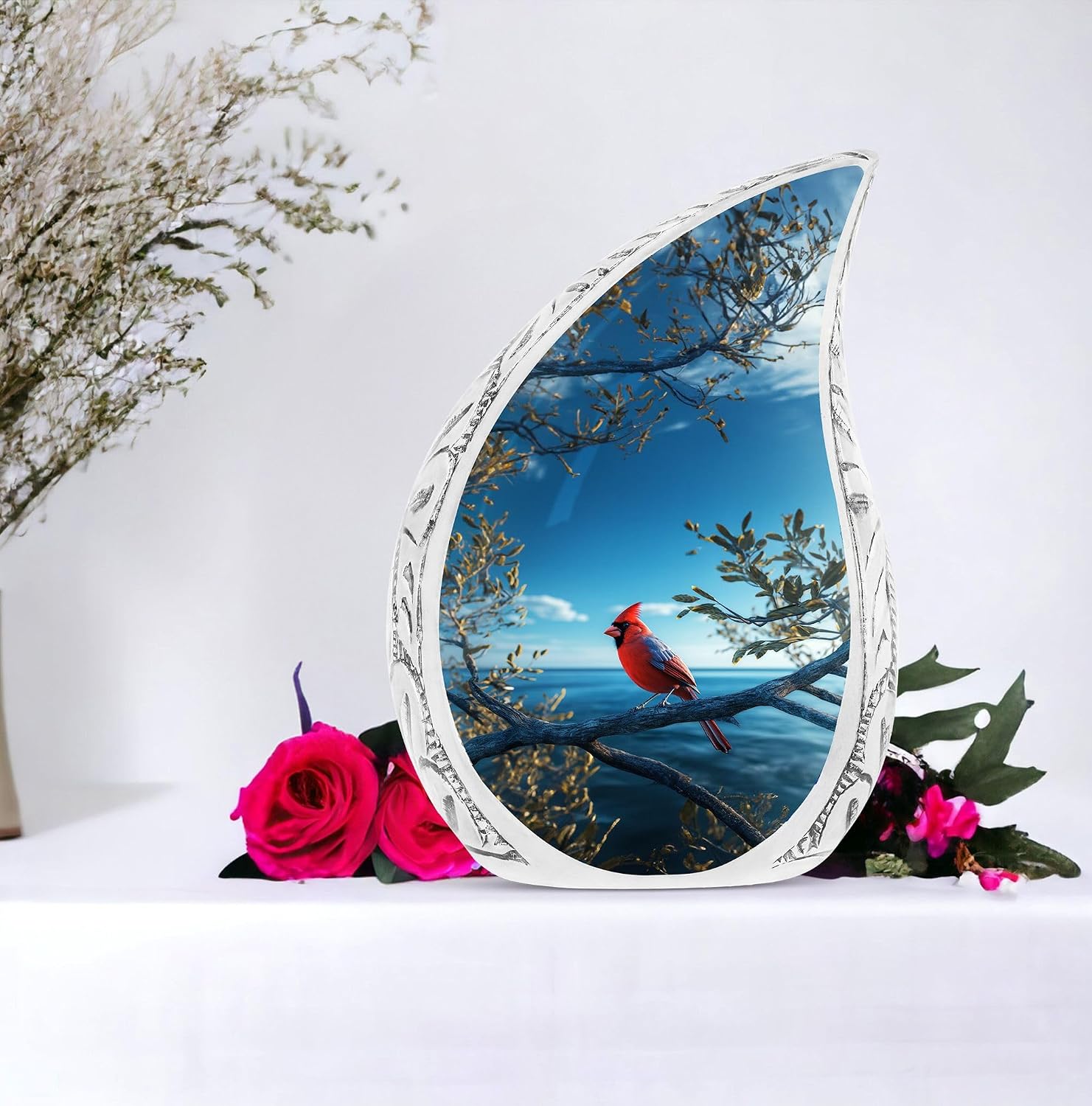 Red Cardinal Urns for Human Ashes - Funeral Urns for Adult Ashes - Teardrop Cardinal Bird Urn - Large Cremation Urn for Adult Male 10inch