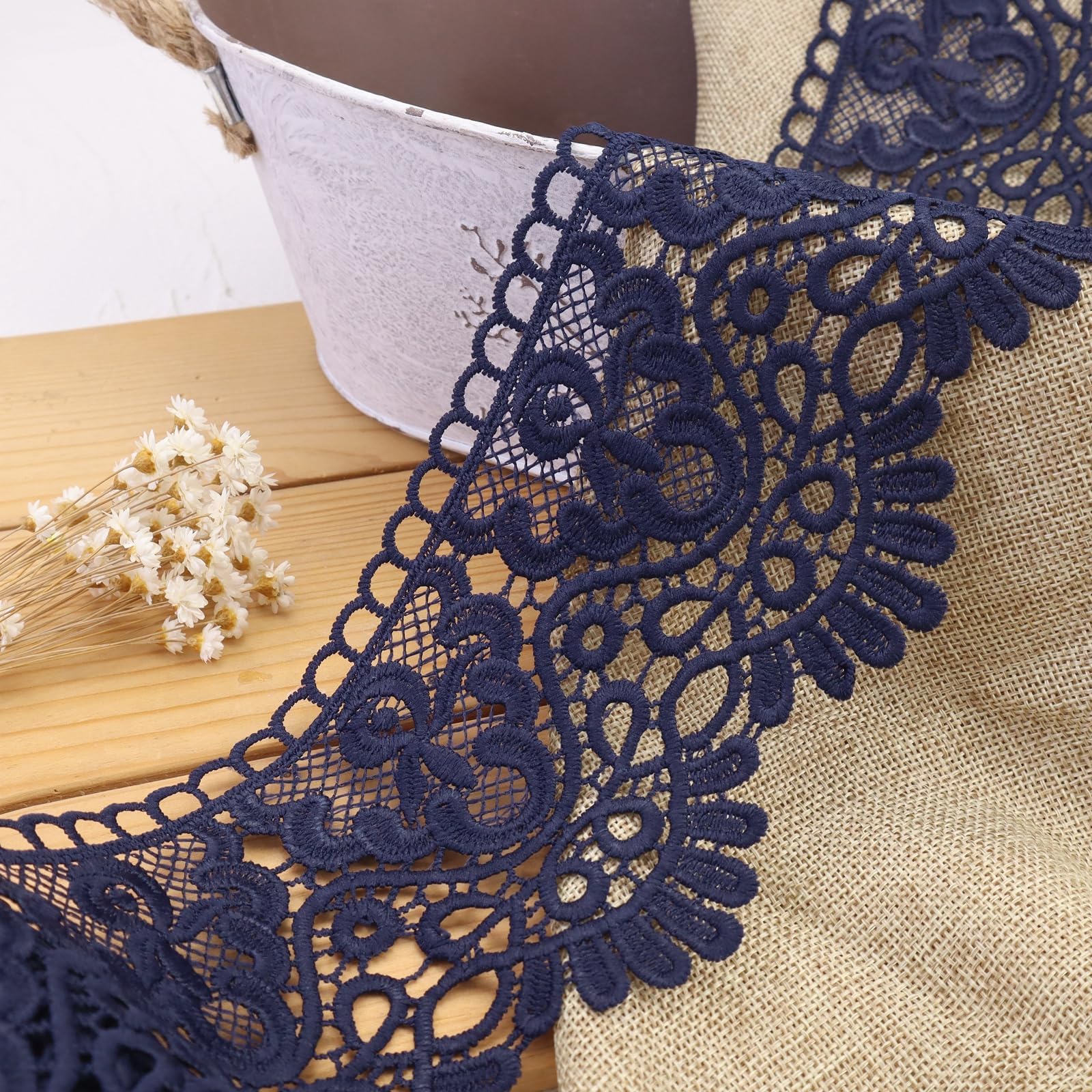 IDONGCAI Venice Lace Trim 4Inch Wide Lace Edge Floral Wedding Applique DIY Sewing Crafts (Light Navy Blue)