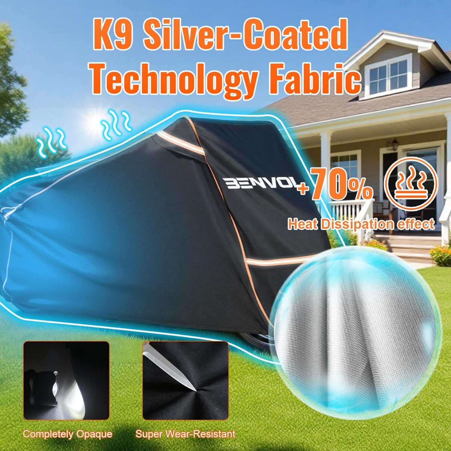 BENVOL 420D Heavy Duty Motorcycle Cover Waterproof Outdoor, 5000mm Rainproof Material Motorbike Cover with 2 Windproof Buckles, Lock Holes & Wide Reflective Strips, Anti-UV Sun Dust Protection