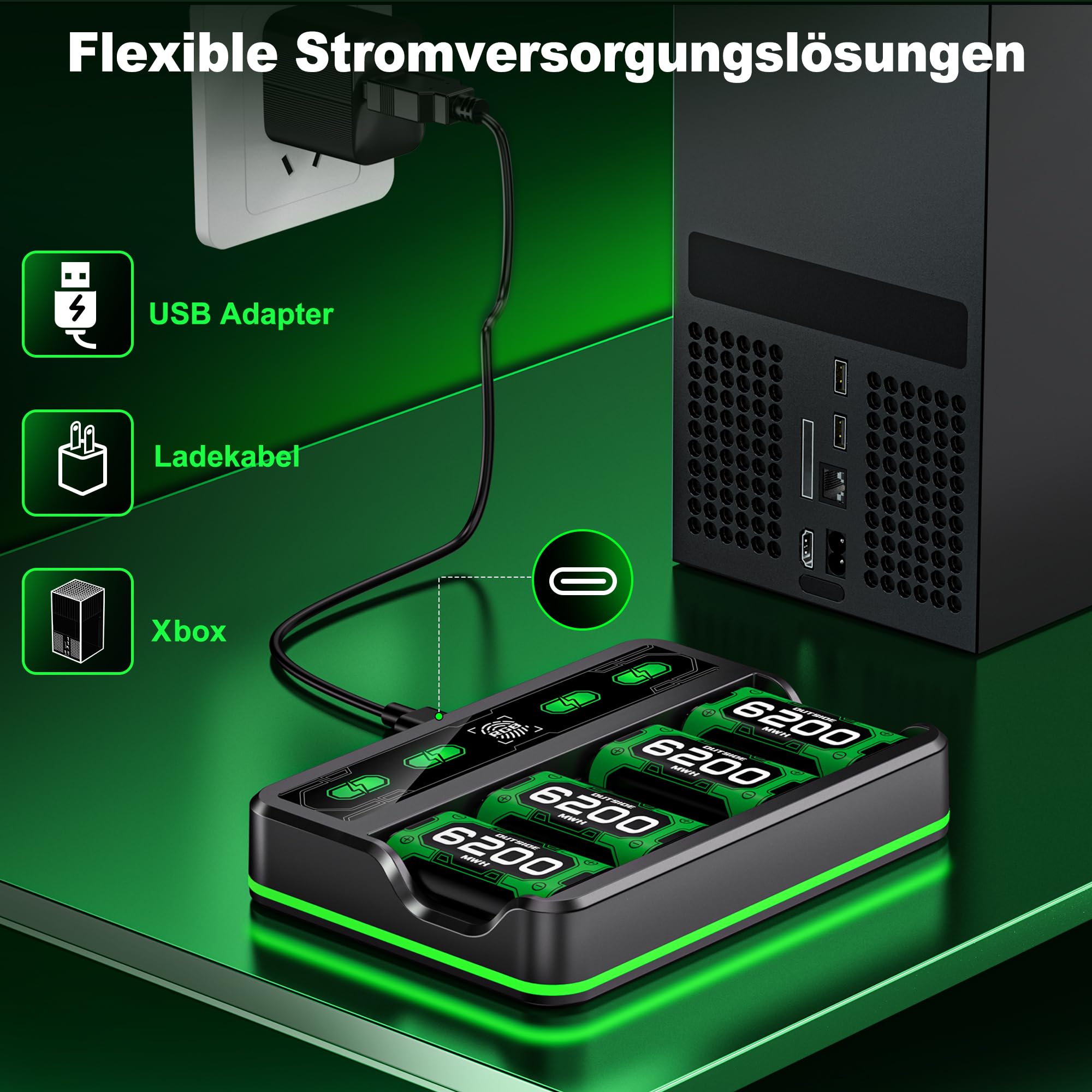Batteria per controller Xbox One/Series X&S 4 batterie Xbox da 6200 mWh compatibili con Xbox One/Xbox Series X|S/Elite Controller, accessori per batteria Xbox con cavo di ricarica da 1 metro, ricarica