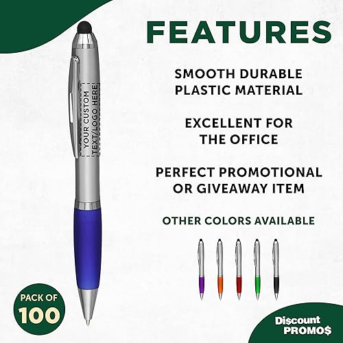 Miniatura 9 de DISCOUNT PROMOS Juego de 50 bolígrafos personalizados con lápiz capacitivo, paquete personalizado a granel, tinta negra, ideal para oficina,