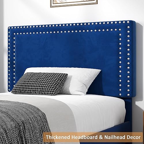 Miniatura 138 de VECELO Base de cama de tamaño matrimonial con cabecera tapizada ajustable, plataforma de listones de madera, diseño sin ruido, fácil montaje Negro