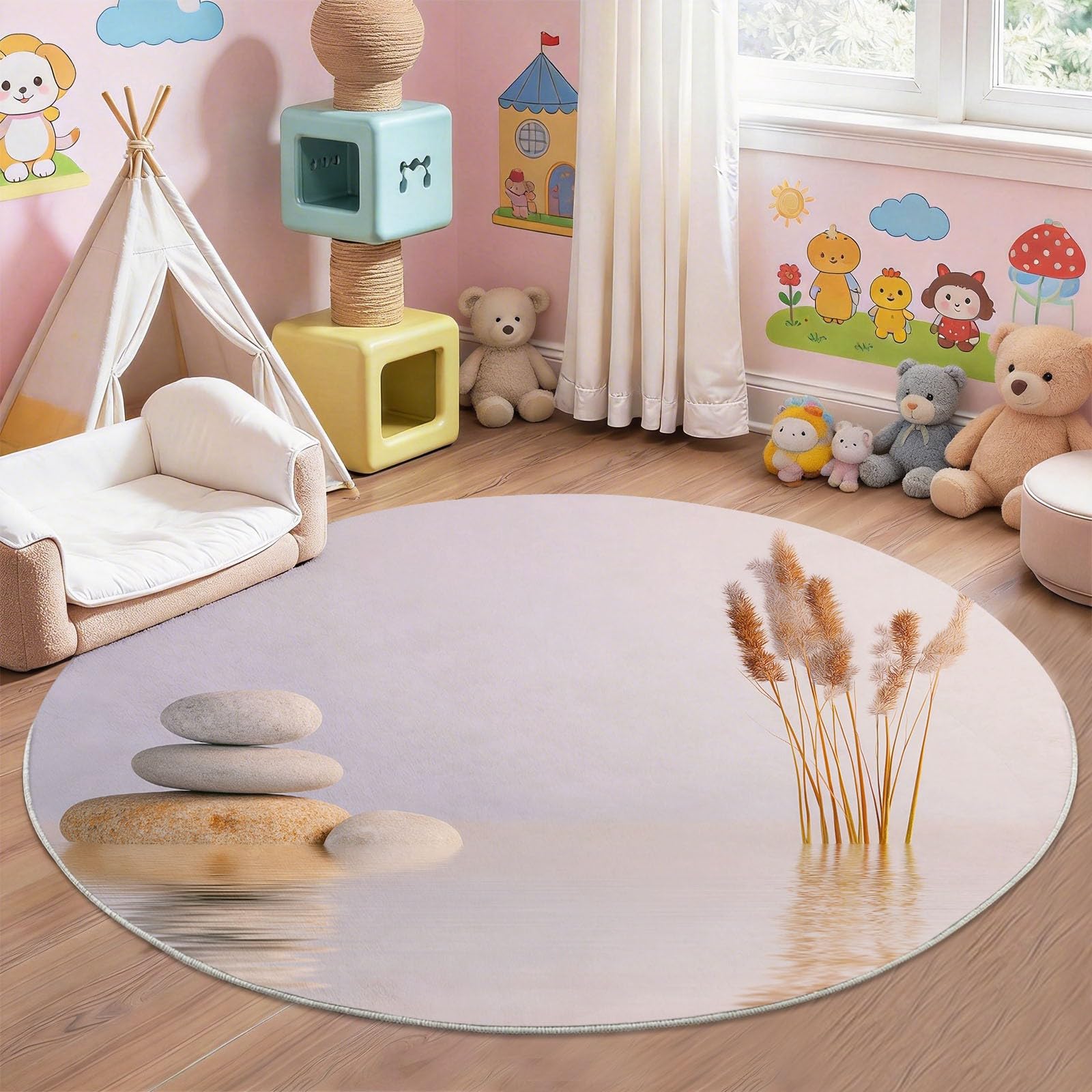 Tappeto rotondo antiscivolo, 120 cm, con pietre zen, piante, tappeto rotondo per sotto il tavolo, rosa pallido, morbido, a pelo basso, per spa, soggiorno, camera da letto, sala da pranzo e ufficio