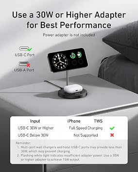 Anker MagGo 2-in-1 Wireless Charging Station, MagSafe Charger Compatible, Qi2 Certified 15W Wireless Stand, Apple Watch Charger for iPhone 16/15/14 Series, AirPods (No AC Adapter)
