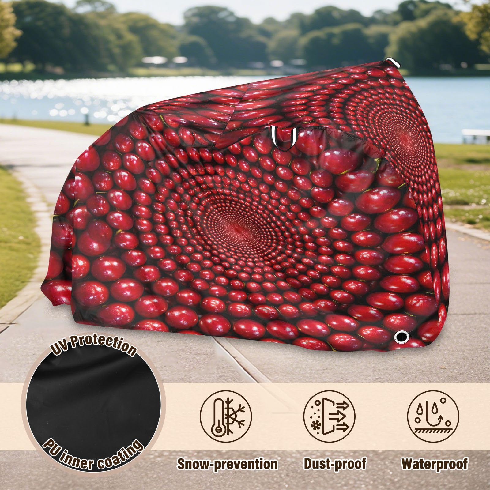 Pokrowiec na rower, wodoodporny, outdoorowy, rowerowy, motorower, wytrzymały, wiatroszczelny, ochrona przed słońcem, do roweru górskiego, szosowego, wiśniowy wir